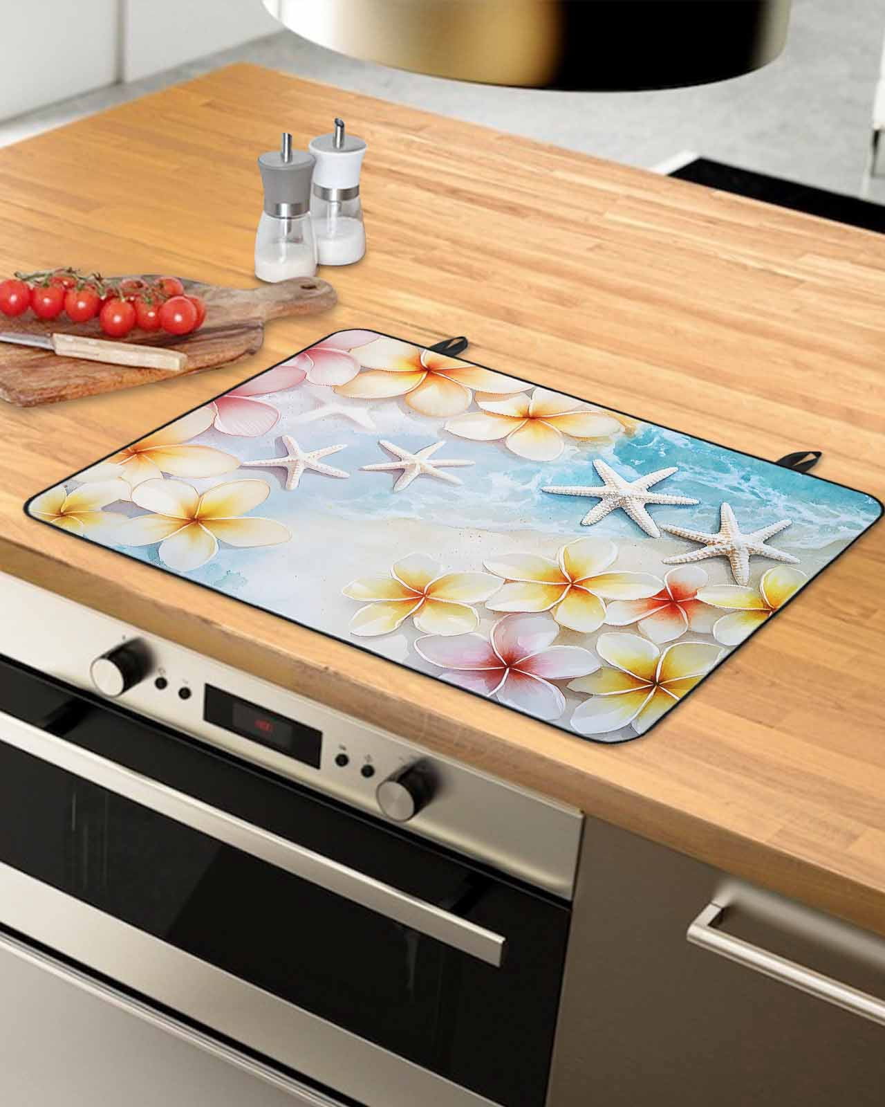 nqOlkjepod Large Induction Cooktop Protector Mat 24"x21", Summer Coastal Stove Top Covers for Electric Stove, Ocean Beach Starfish Botanical Flowers Stove Burner Cover Mats, Glass Top Stove Cover