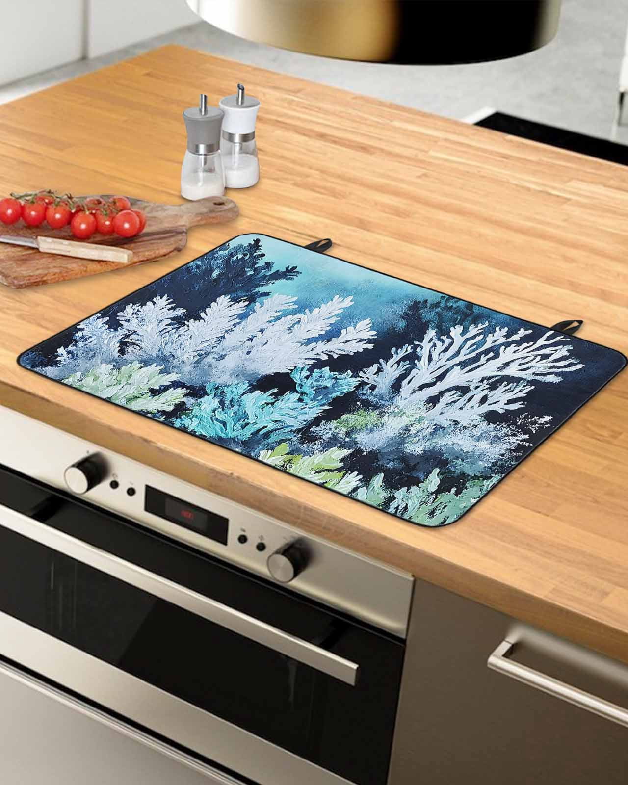nqOlkjepod Large Induction Cooktop Protector Mat 24"x21", Summer Coastal Stove Top Covers for Electric Stove, Ocean Watercolor Coral Plant Decorative Stove Burner Cover Mats, Glass Top Stove Cover