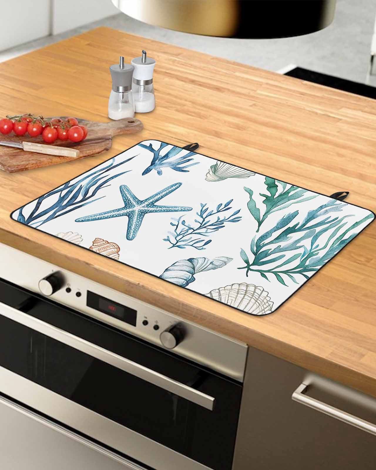 nqOlkjepod Large Induction Cooktop Protector Mat 24"x21", Summer Coastal Stove Top Covers for Electric Stove, Ocean Watercolor Starfish Shell Seaweed Stove Burner Cover Mats, Glass Top Stove Cover