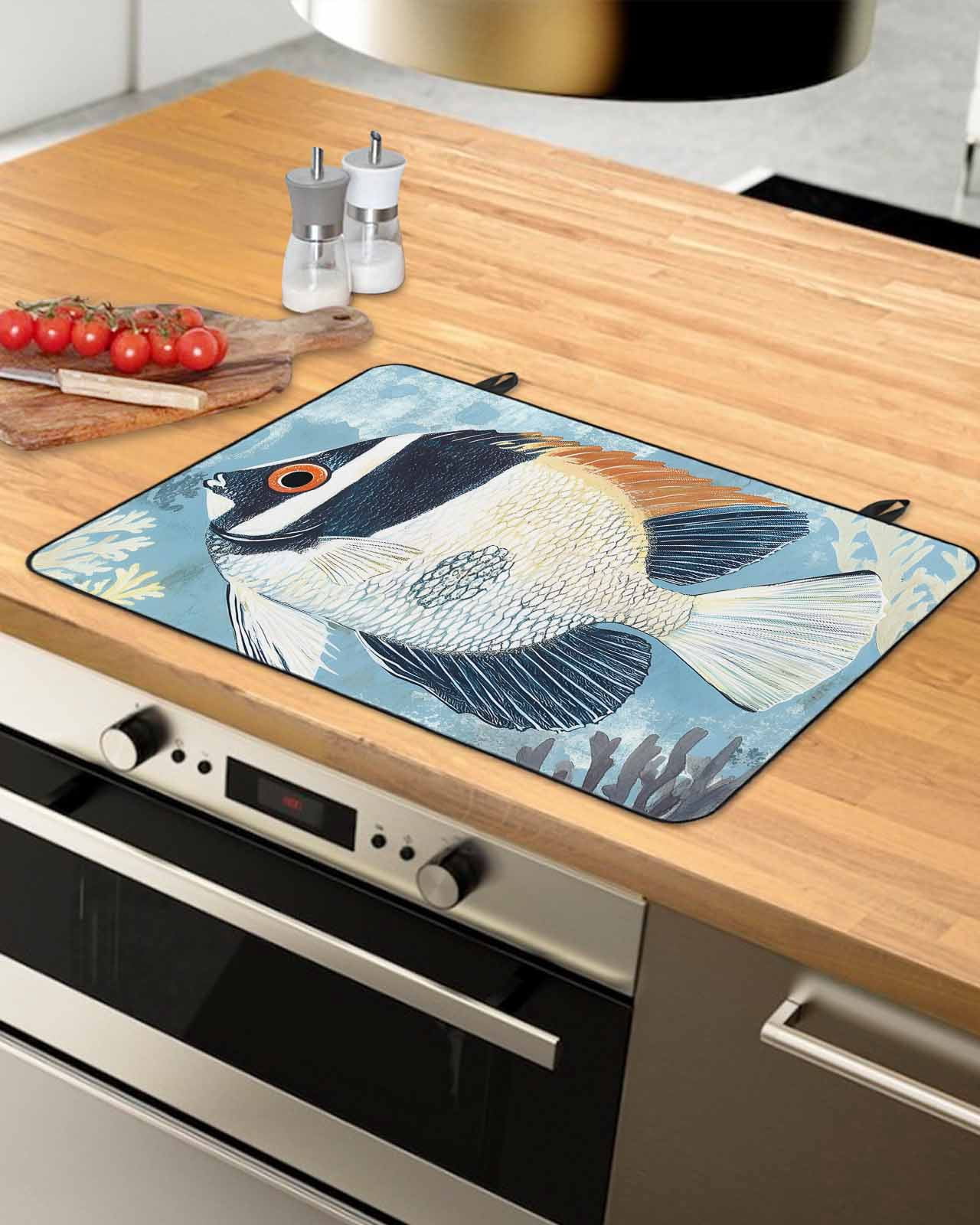 nqOlkjepod Large Induction Cooktop Protector Mat 24"x21", Summer Coastal Stove Top Covers for Electric Stove, Vintage Ocean Watercolor Fish Coral Stove Burner Cover Mats, Glass Top Stove Cover