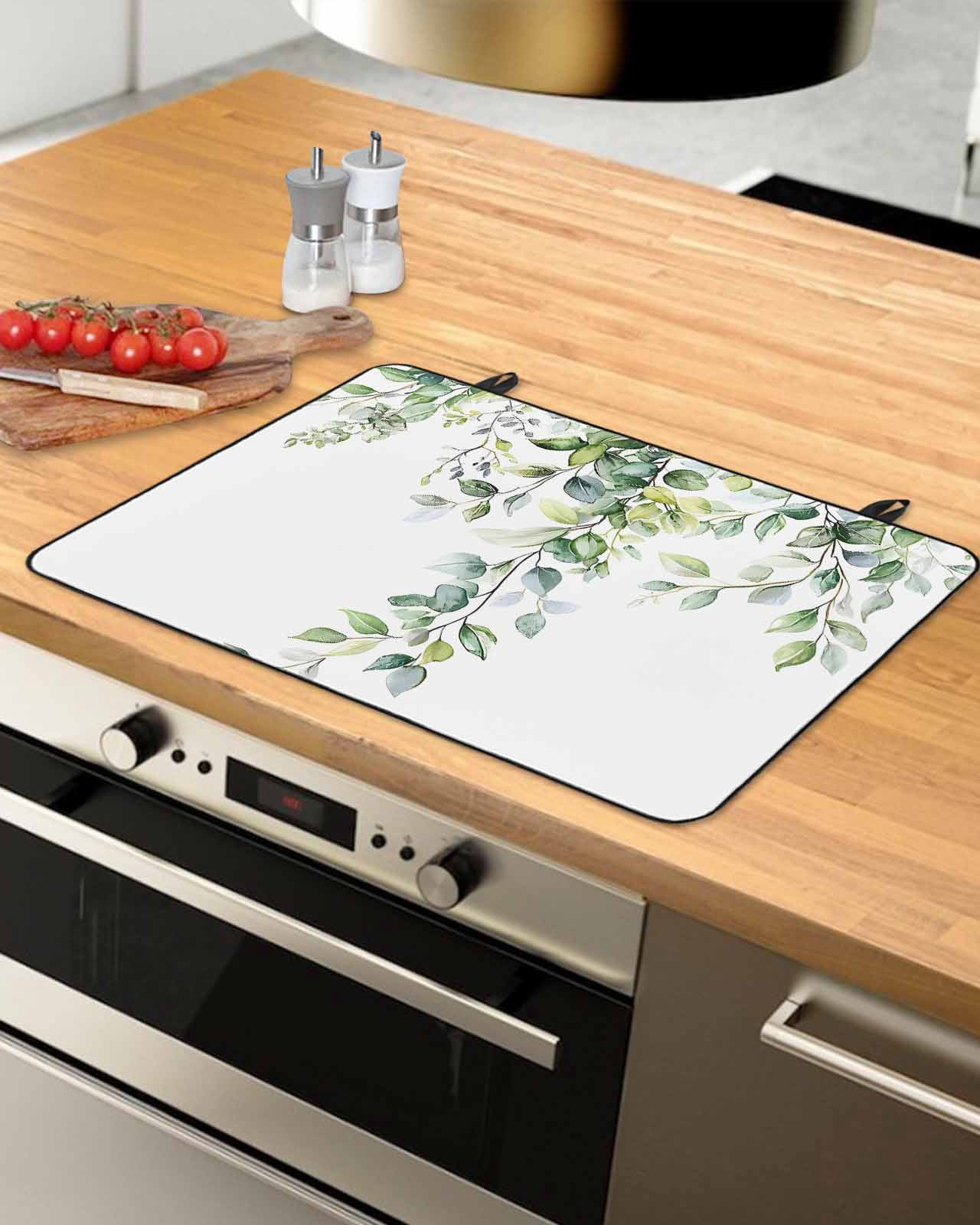 nqOlkjepod Large Induction Cooktop Protector Mat 24"x21", Summer Eucalyptus Leaves Stove Top Covers for Electric Stove, Pastoral Rustic Botanical Stove Burner Cover Mats, Glass Top Stove Cover