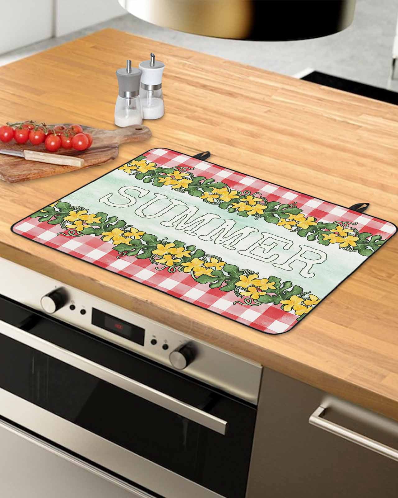 nqOlkjepod Large Induction Cooktop Protector Mat 24"x21", Summer Flowers Stove Top Covers for Electric Stove, Leaves Red Plaid Country Retro Farm Stove Burner Cover Mats, Glass Top Stove Cover