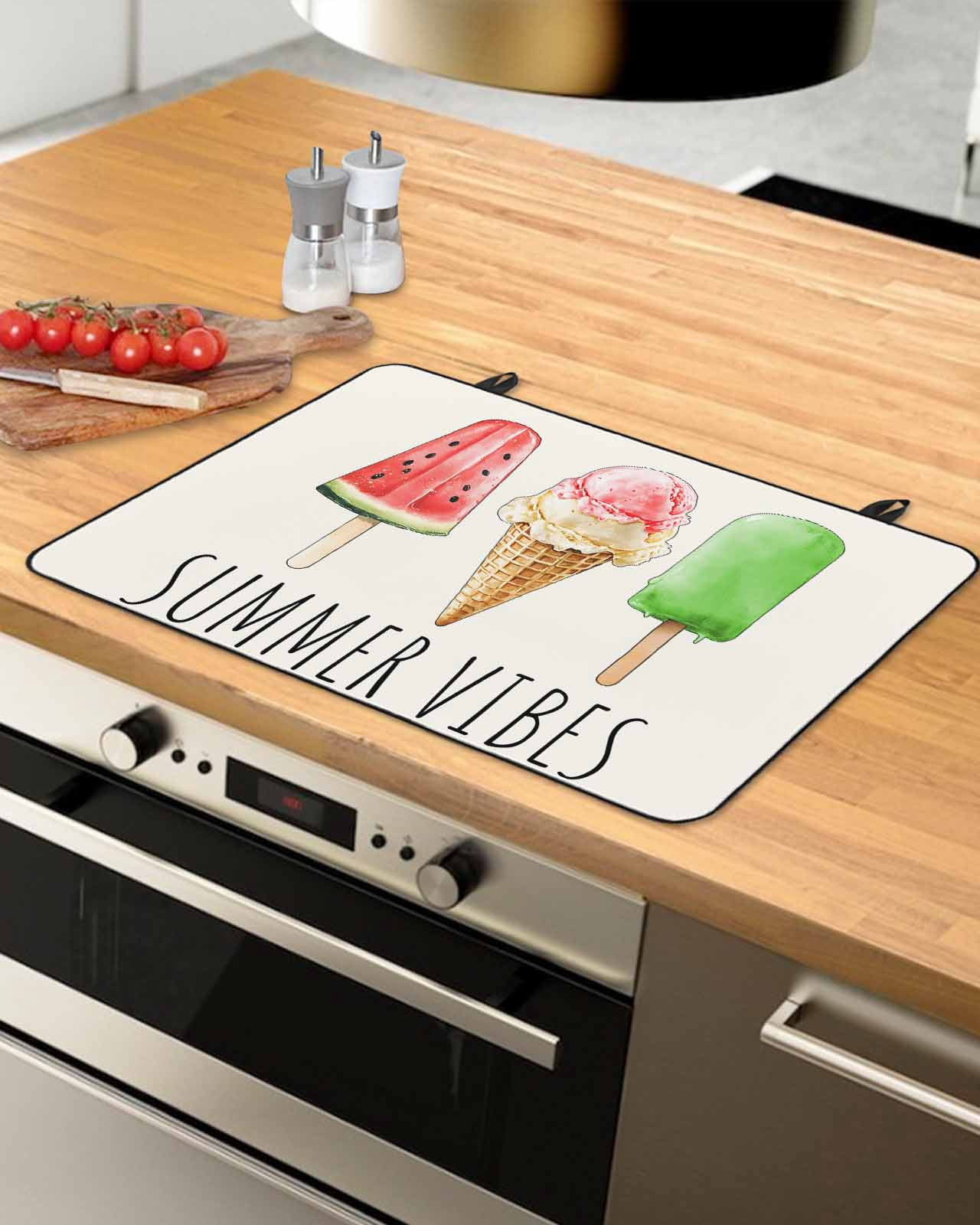 nqOlkjepod Large Induction Cooktop Protector Mat 24"x21", Summer Ice Cream Stove Top Covers for Electric Stove, Beige Dessert Watermelon Decorative Stove Burner Cover Mats, Glass Top Stove Cover
