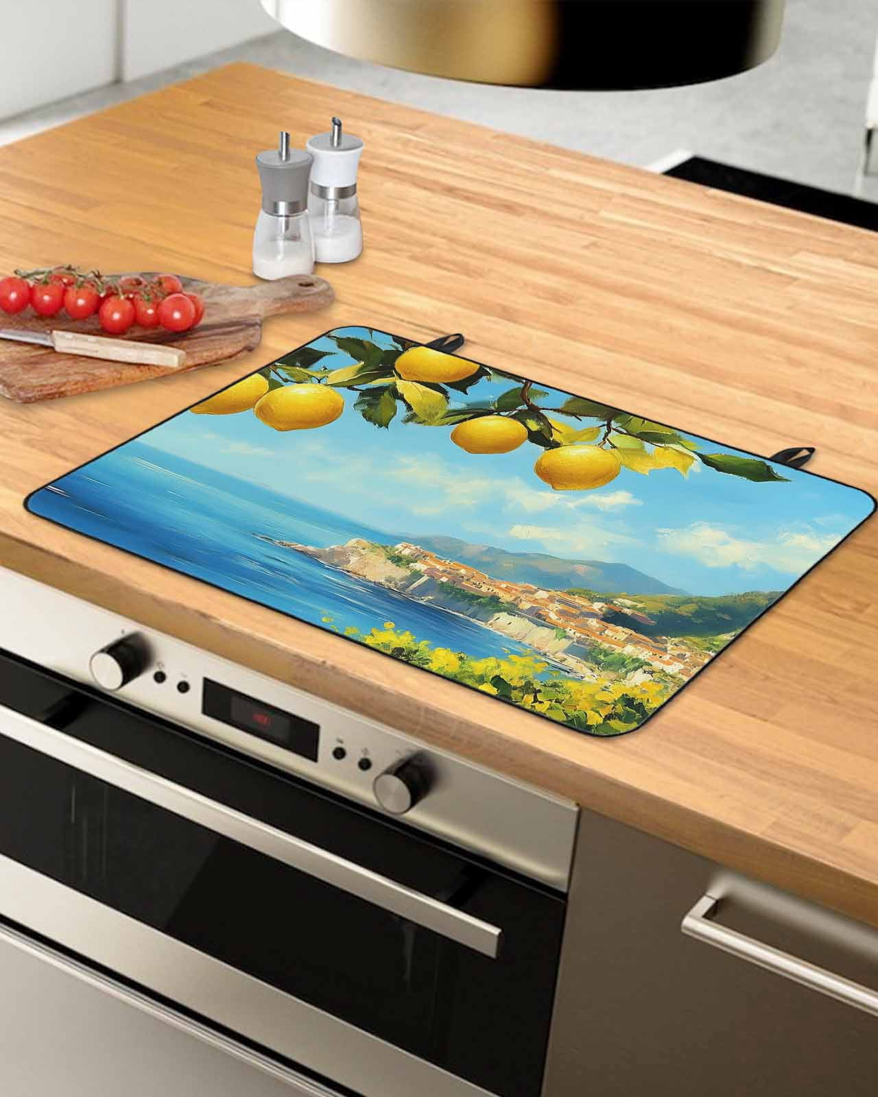 nqOlkjepod Large Induction Cooktop Protector Mat 24"x21", Summer Lemon Stove Top Covers for Electric Stove, Coastal Ocean Beach Mountain Town Stove Burner Cover Mats, Glass Top Stove Cover