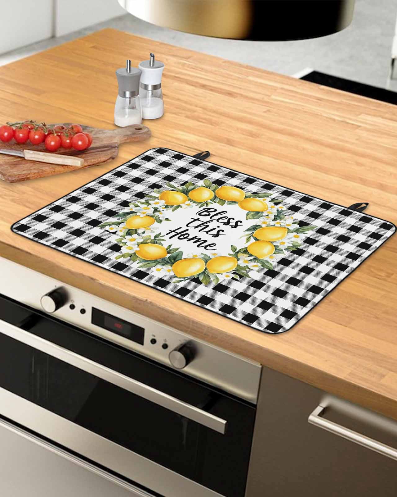 nqOlkjepod Large Induction Cooktop Protector Mat 24"x21", Summer Lemon Stove Top Covers for Electric Stove, Farmhouse Country Black White Check Stove Burner Cover Mats, Glass Top Stove Cover
