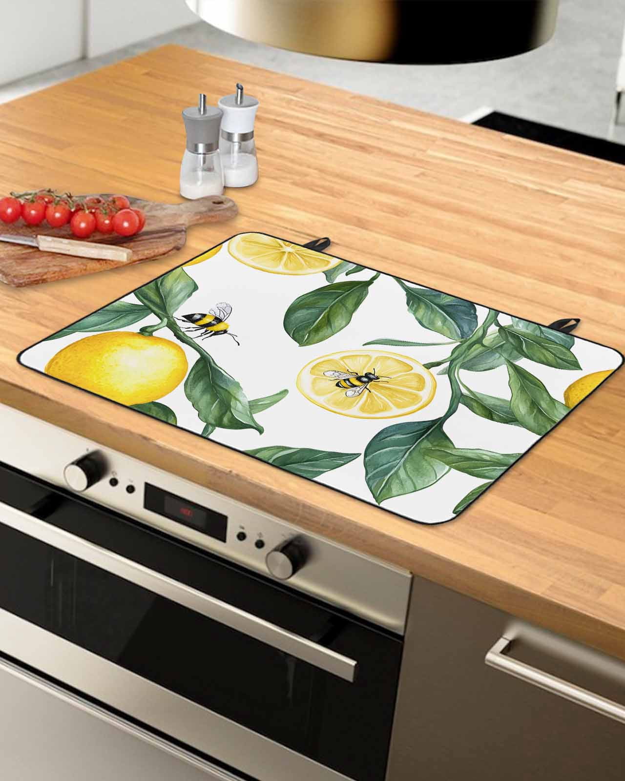 nqOlkjepod Large Induction Cooktop Protector Mat 24"x21", Summer Lemon Stove Top Covers for Electric Stove, Watercolor Fruits Green Botanical Stove Burner Cover Mats, Glass Top Stove Cover