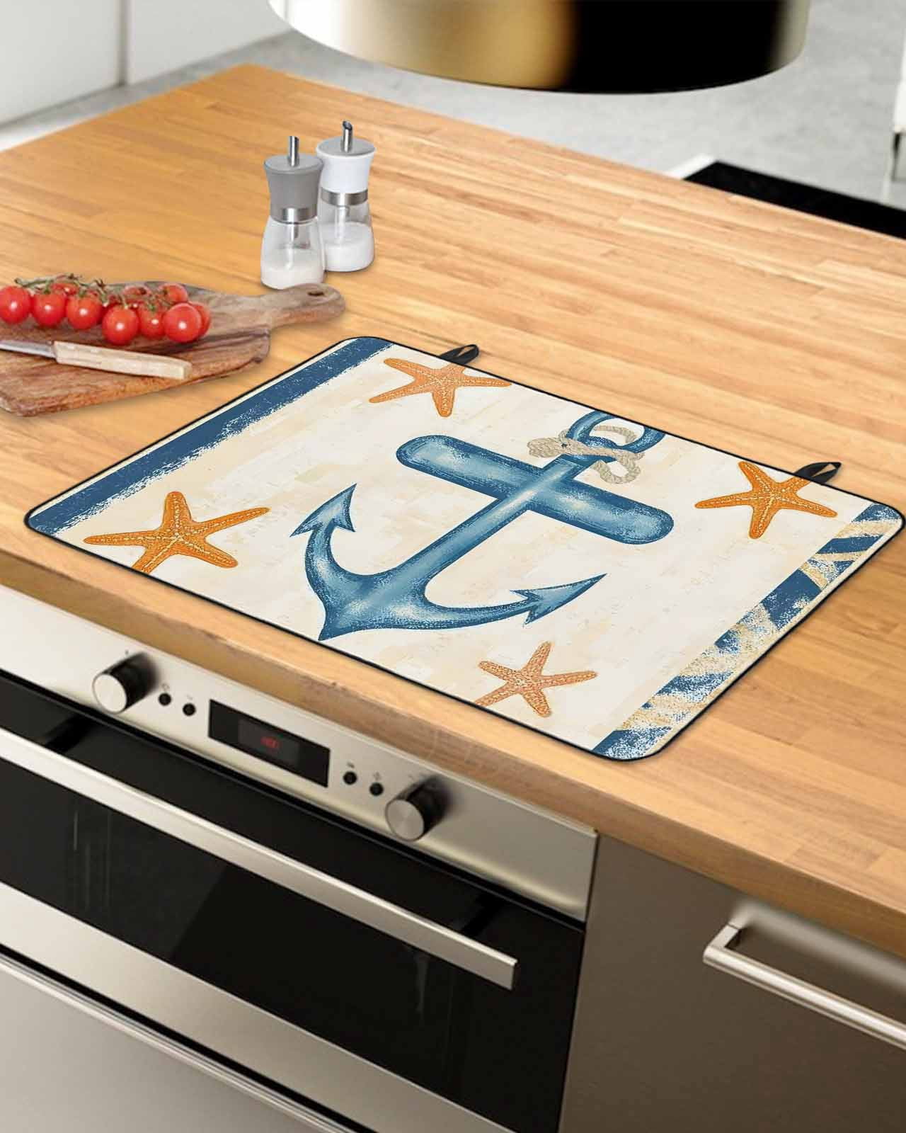 nqOlkjepod Large Induction Cooktop Protector Mat 24"x21", Summer Nautical Blue Stove Top Covers for Electric Stove, Ocean Anchor Starfish Striped Stove Burner Cover Mats, Glass Top Stove Cover