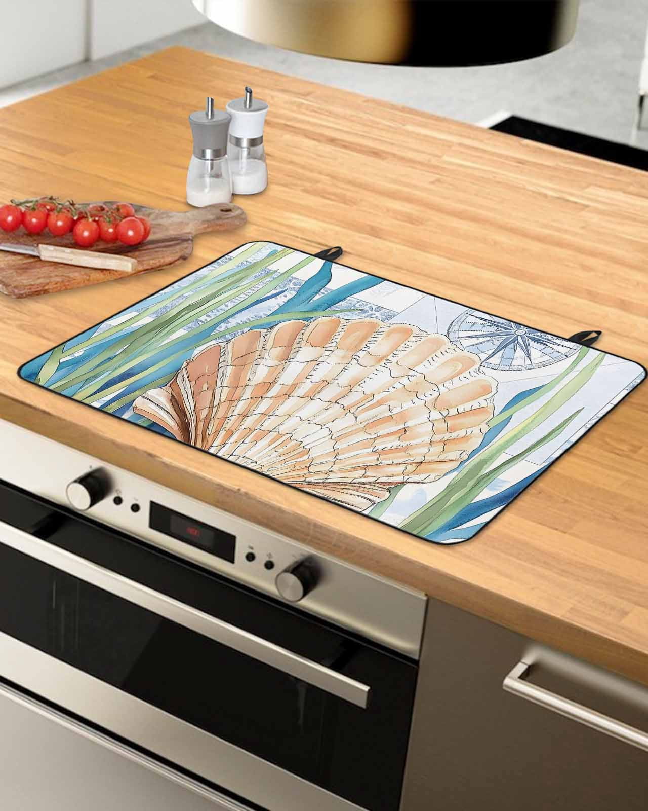 nqOlkjepod Large Induction Cooktop Protector Mat 24"x21", Summer Nautical Stove Top Covers for Electric Stove, Ocean Watercolor Blue Green Plant Shell Stove Burner Cover Mats, Glass Top Stove Cover