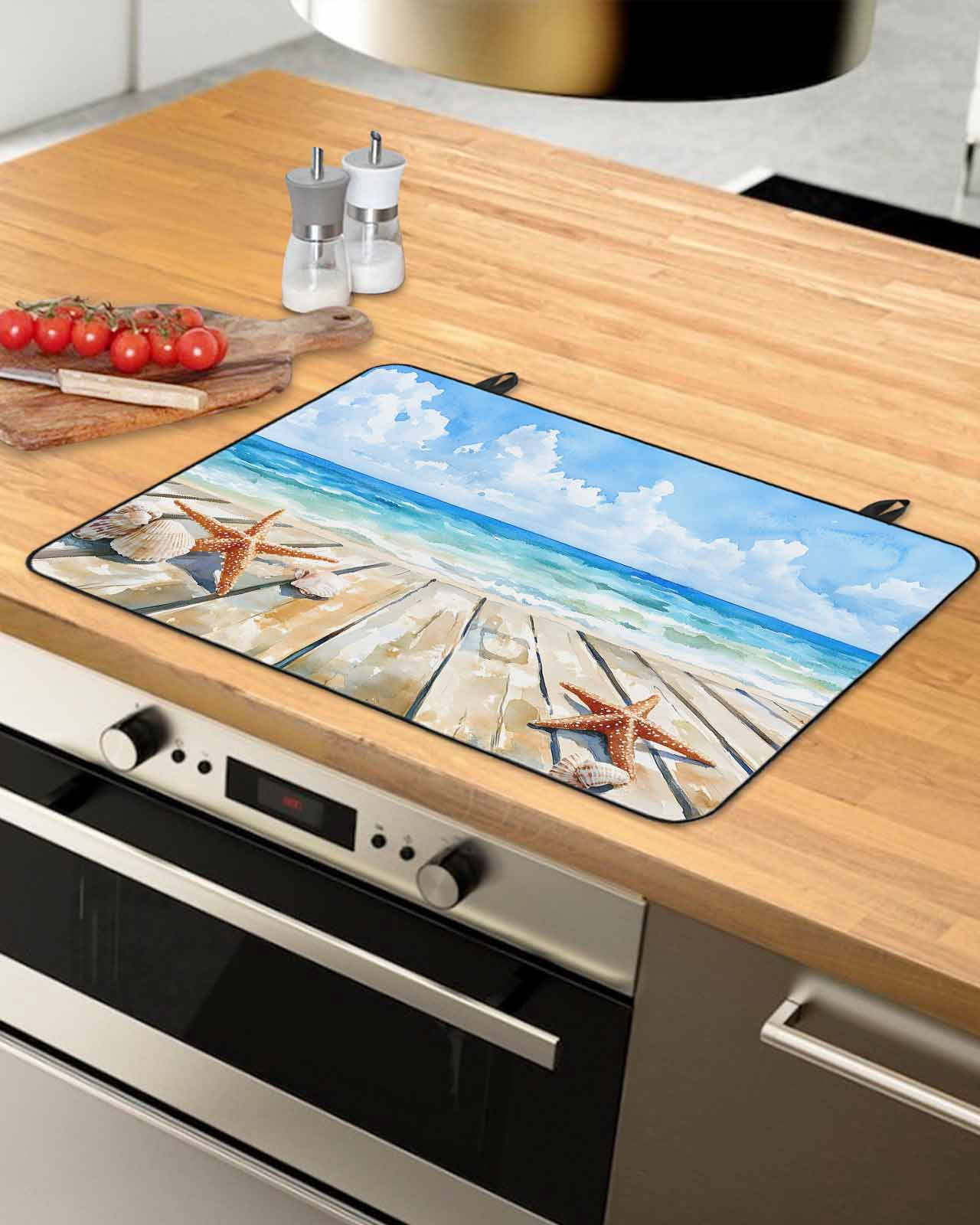 nqOlkjepod Large Induction Cooktop Protector Mat 24"x21", Summer Ocean Beach Stove Top Covers for Electric Stove, Coastal Starfish Seashells Blue Sky Stove Burner Cover Mats, Glass Top Stove Cover