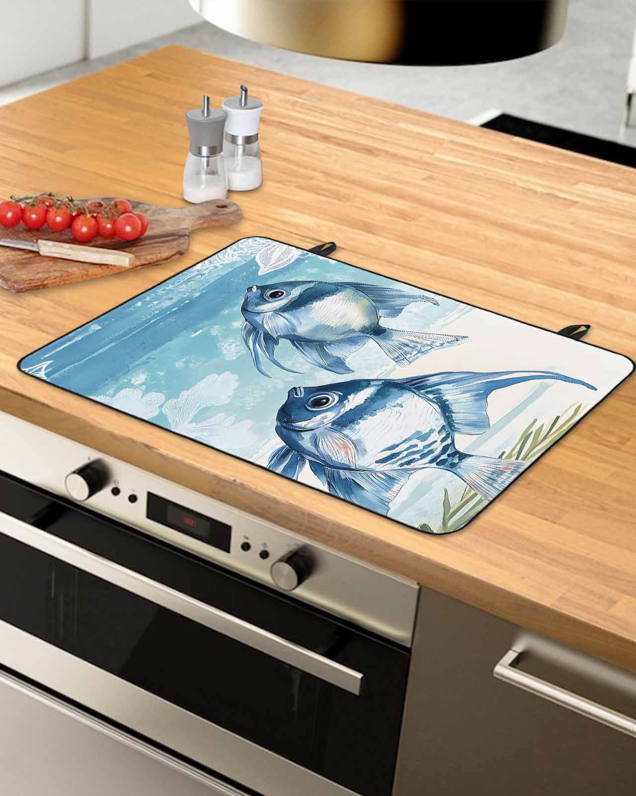 nqOlkjepod Large Induction Cooktop Protector Mat 24"x21", Summer Ocean Blue Stove Top Covers for Electric Stove, Watercolor Fish Flower Decorative Stove Burner Cover Mats, Glass Top Stove Cover