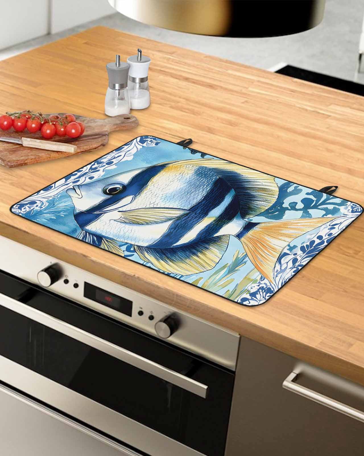 nqOlkjepod Large Induction Cooktop Protector Mat 24"x21", Summer Ocean Fish Stove Top Covers for Electric Stove, Coastal Watercolor Stripe Seaweed Plant Stove Burner Cover Mats Stove Cover