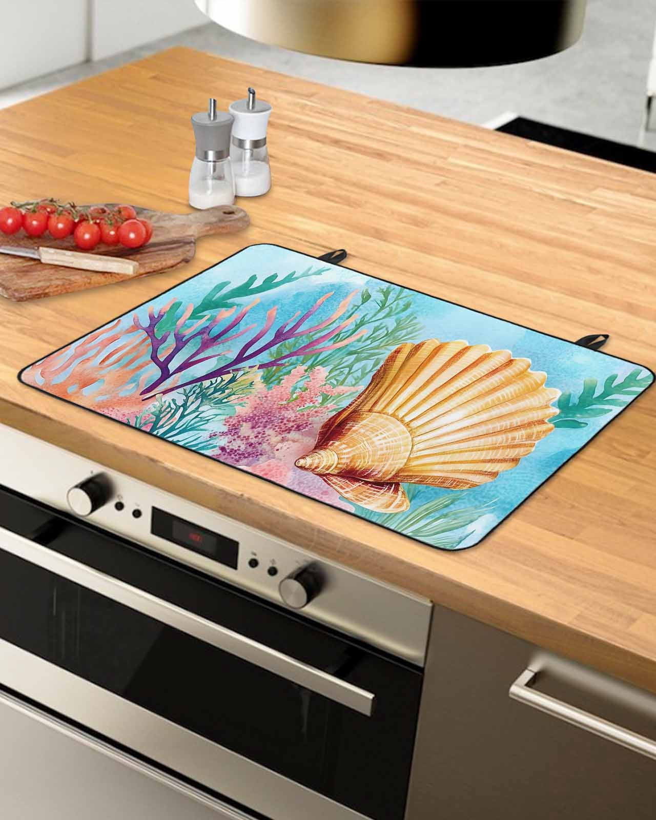 nqOlkjepod Large Induction Cooktop Protector Mat 24"x21", Summer Ocean Stove Top Covers for Electric Stove, Coastal Watercolor Shell Coral Decorative Stove Burner Cover Mats, Glass Top Stove Cover