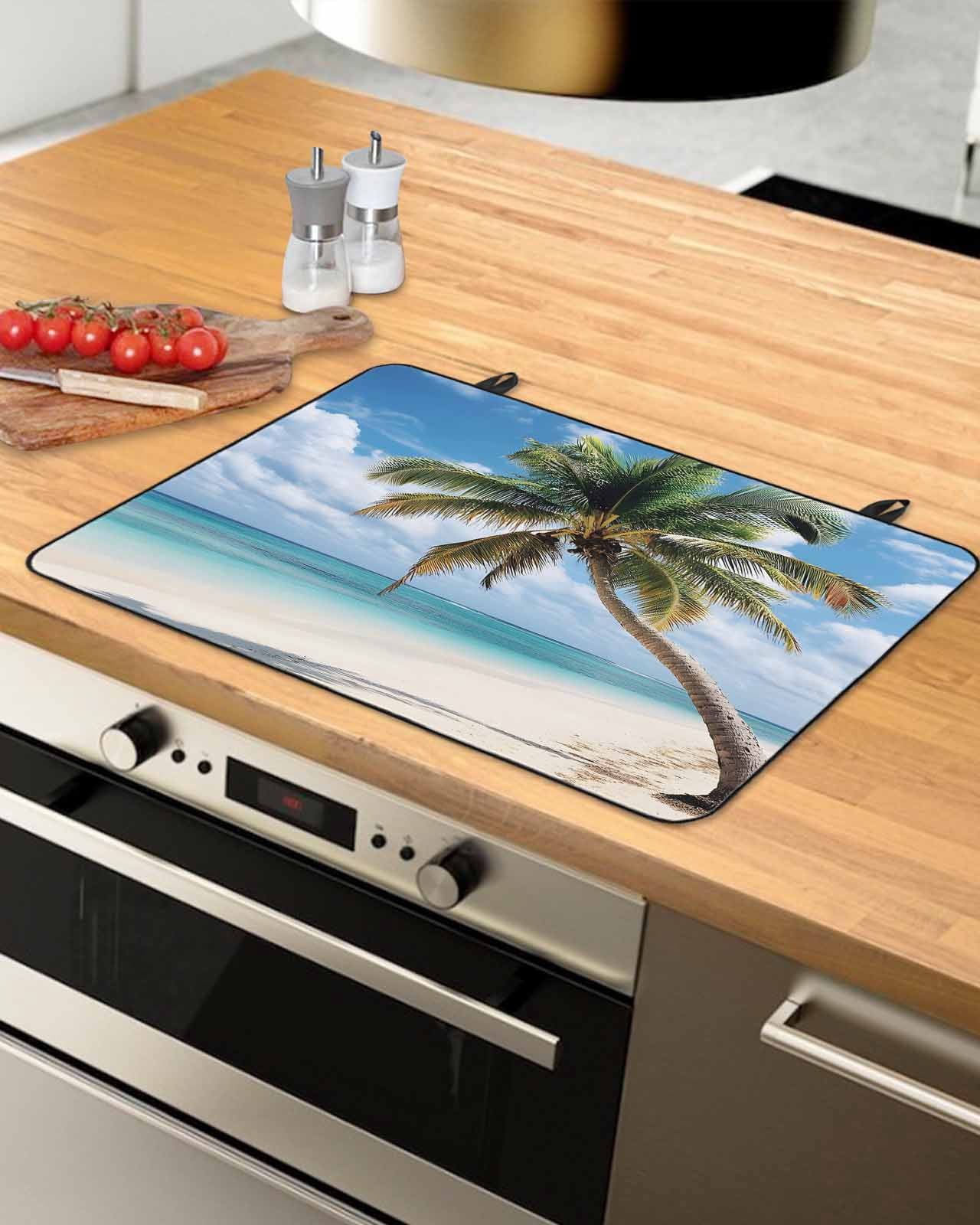 nqOlkjepod Large Induction Cooktop Protector Mat 24"x21", Summer Palm Tree Stove Top Covers for Electric Stove, Sandy Beach Ocean Sky Cloud Plants Stove Burner Cover Mats, Glass Top Stove Cover
