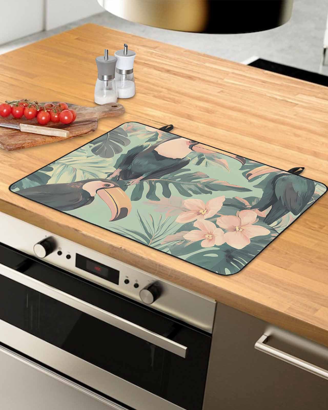 nqOlkjepod Large Induction Cooktop Protector Mat 24"x21", Summer Parrot Stove Top Covers for Electric Stove, Tropical Bloom Pink Flower Palm Leaf Stove Burner Cover Mats, Glass Top Stove Cover