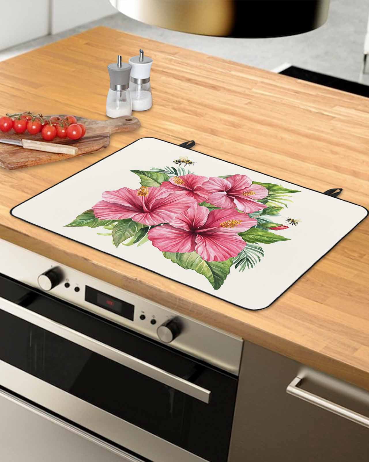 nqOlkjepod Large Induction Cooktop Protector Mat 24"x21", Summer Red Flower Stove Top Covers for Electric Stove, Green Leaves Country Floral Pastoral Stove Burner Cover Mats, Glass Top Stove Cover