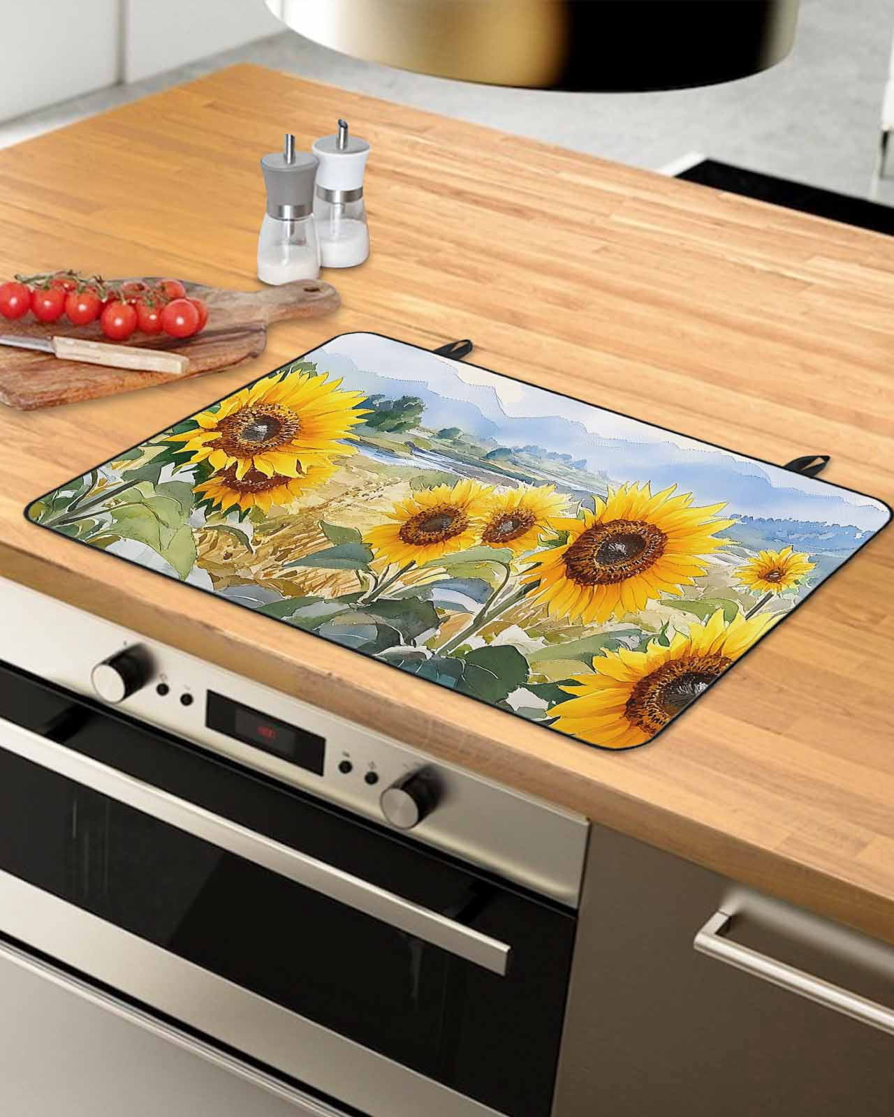 nqOlkjepod Large Induction Cooktop Protector Mat 24"x21", Summer Sunflower Stove Top Covers for Electric Stove, Spring Pastoral Retro Mountain Floral Stove Burner Cover Mats, Glass Top Stove Cover
