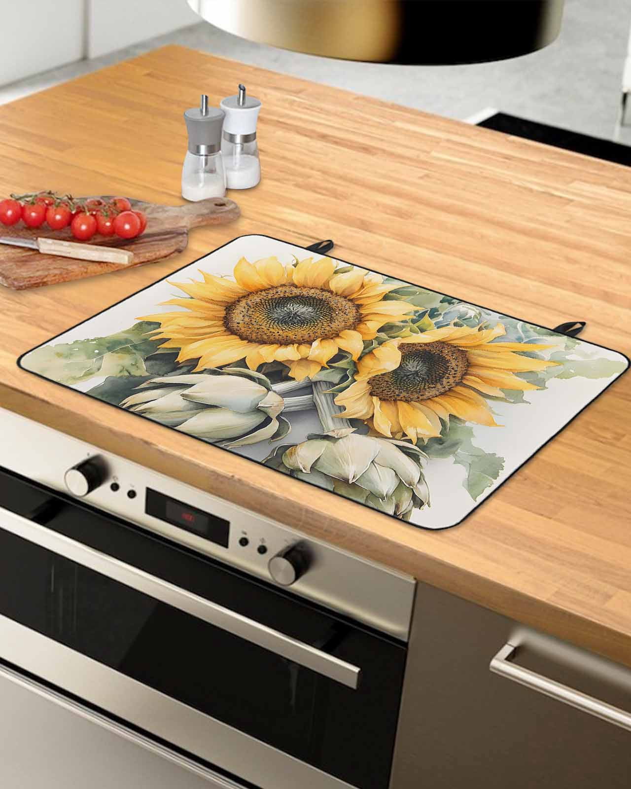 nqOlkjepod Large Induction Cooktop Protector Mat 24"x21", Summer Sunflower Stove Top Covers for Electric Stove, Yellow Green Floral Watercolor Plant Stove Burner Cover Mats, Glass Top Stove Cover