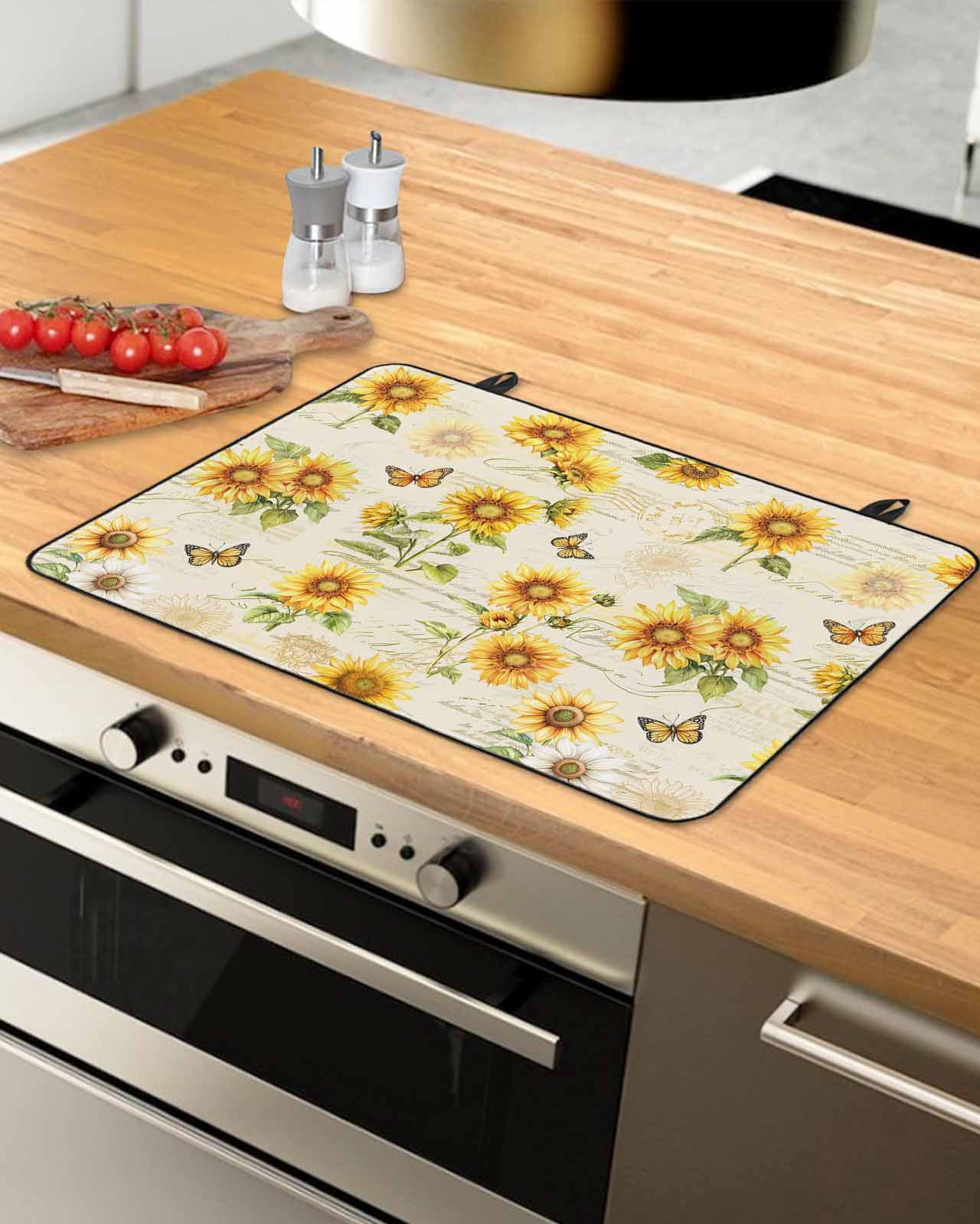 nqOlkjepod Large Induction Cooktop Protector Mat 24"x21", Summer Sunflowers Stove Top Covers for Electric Stove, Farmhouse Vintage Floral Butterfly Stove Burner Cover Mats, Glass Top Stove Cover