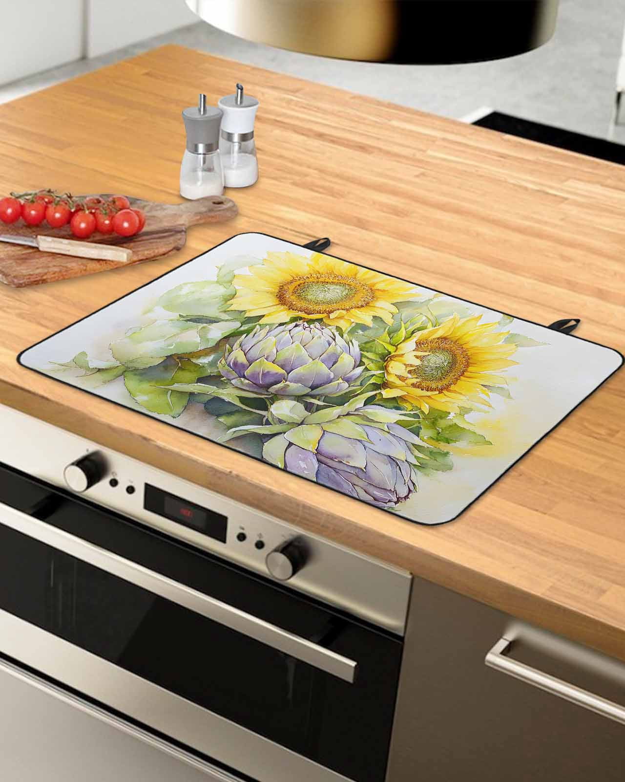 nqOlkjepod Large Induction Cooktop Protector Mat 24"x21", Summer Sunflowers Stove Top Covers for Electric Stove, Watercolor Floral Blossoms Retro Stove Burner Cover Mats, Glass Top Stove Cover