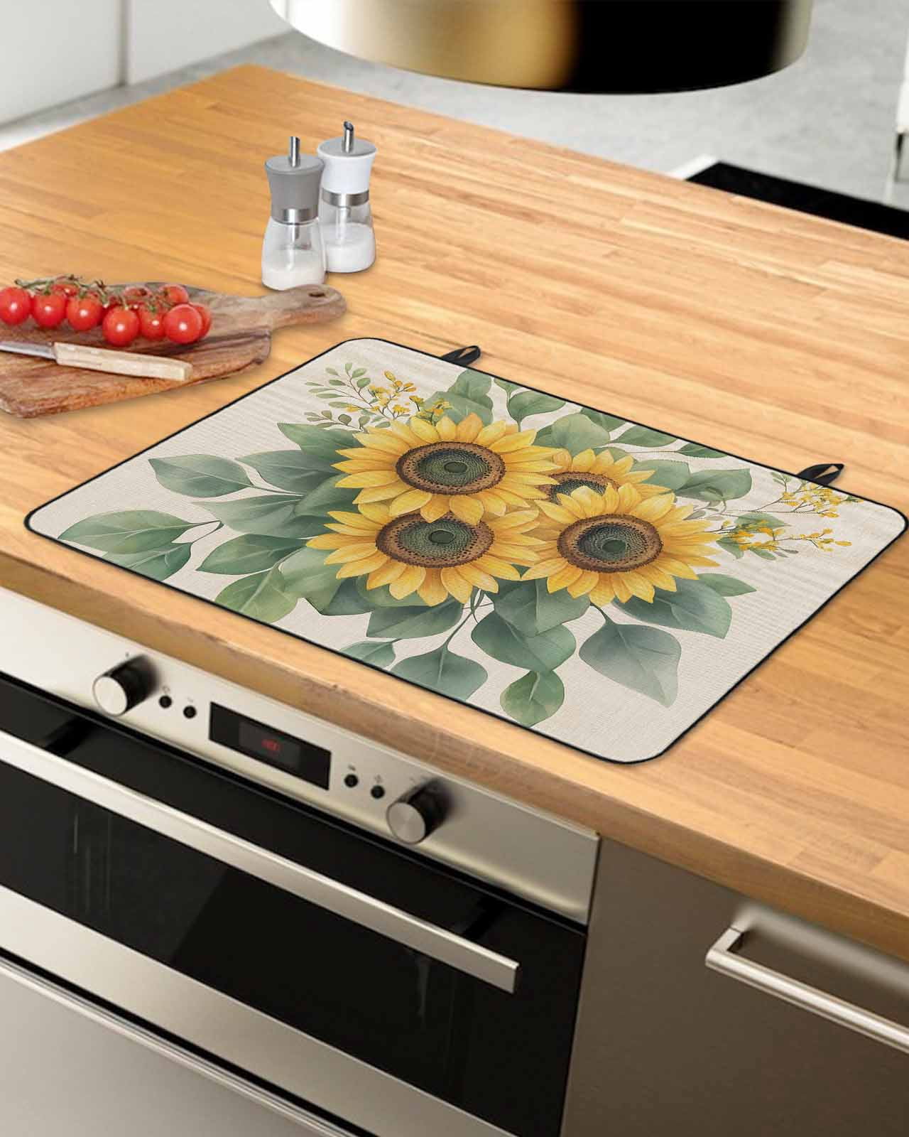 nqOlkjepod Large Induction Cooktop Protector Mat 24"x21", Summer Sunflowers Stove Top Covers for Electric Stove, Watercolor Floral Botanical Retro Stove Burner Cover Mats, Glass Top Stove Cover