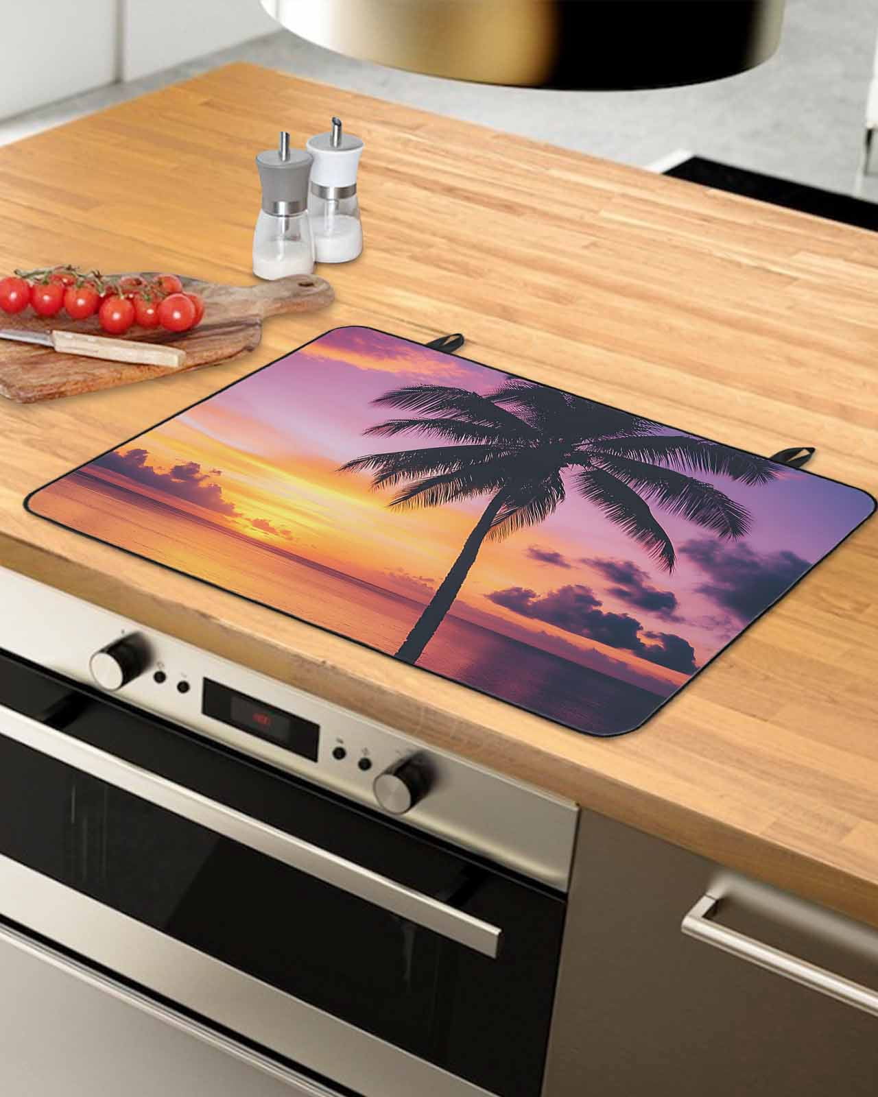 nqOlkjepod Large Induction Cooktop Protector Mat 24"x21", Summer Sunset Stove Top Covers for Electric Stove, Ocean Seaside Sky Cloud Scenery Palm Tree Stove Burner Cover Mats, Glass Top Stove Cover