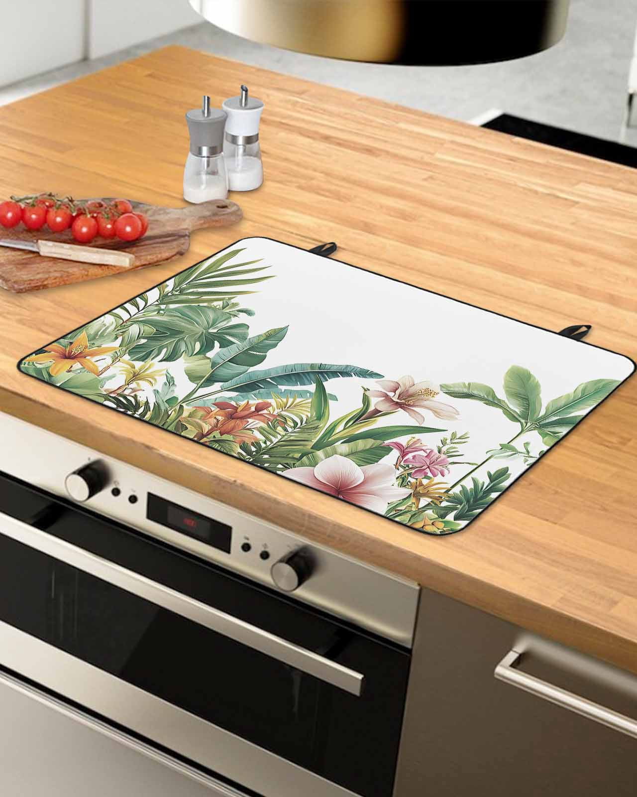 nqOlkjepod Large Induction Cooktop Protector Mat 24"x21", Summer Tropical Stove Top Covers for Electric Stove, Floral Vintage Green Leaves Decorative Stove Burner Cover Mats, Glass Top Stove Cover