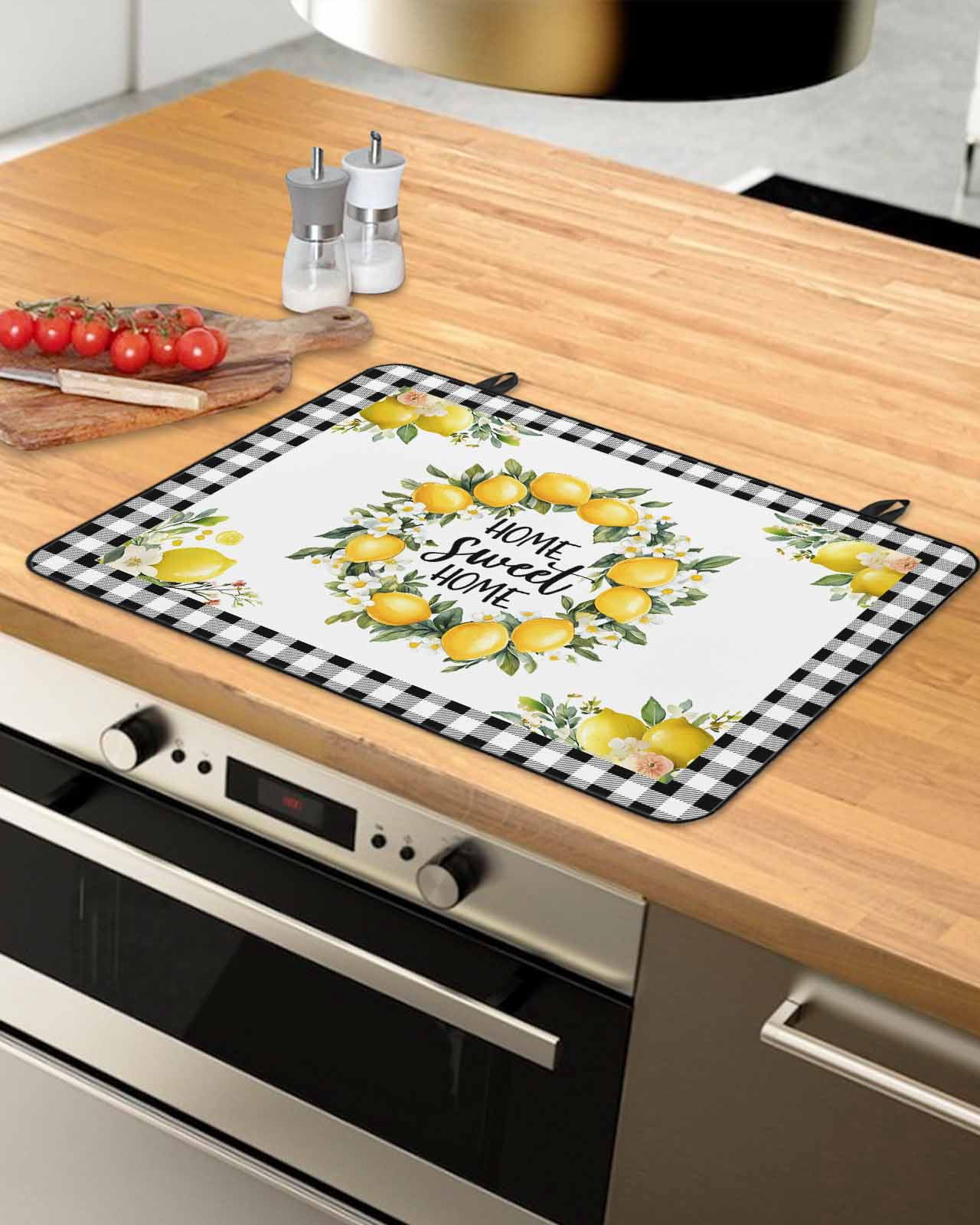 nqOlkjepod Large Induction Cooktop Protector Mat 24"x21", Summer Yellow Lemon Stove Top Covers for Electric Stove, Black Buffalo Plaid Farmhouse Stove Burner Cover Mats, Glass Top Stove Cover