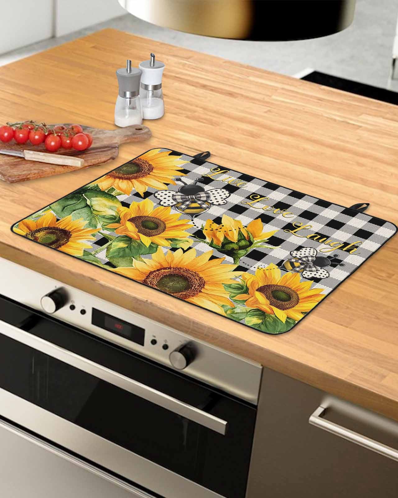 nqOlkjepod Large Induction Cooktop Protector Mat 24"x21", Sunflower Bee Stove Top Covers for Electric Stove, Black Buffalo Plaid Botanical Leaf Floral Stove Burner Cover Mats, Glass Top Stove Cover