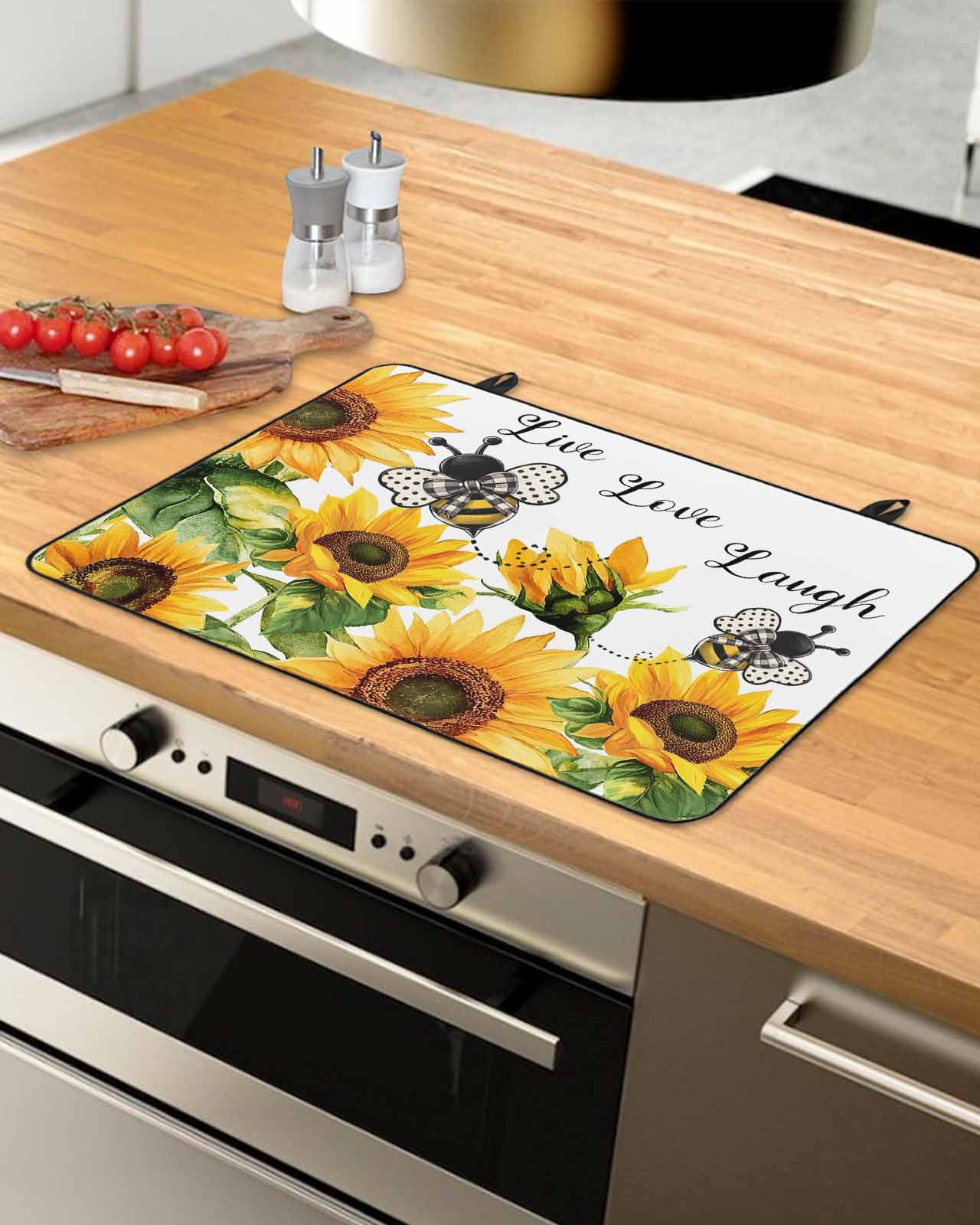 nqOlkjepod Large Induction Cooktop Protector Mat 24"x21", Sunflower Bee Stove Top Covers for Electric Stove, Vintage Yellow Floral Farmhouse Watercolor Stove Burner Cover Mats, Glass Top Stove Cover