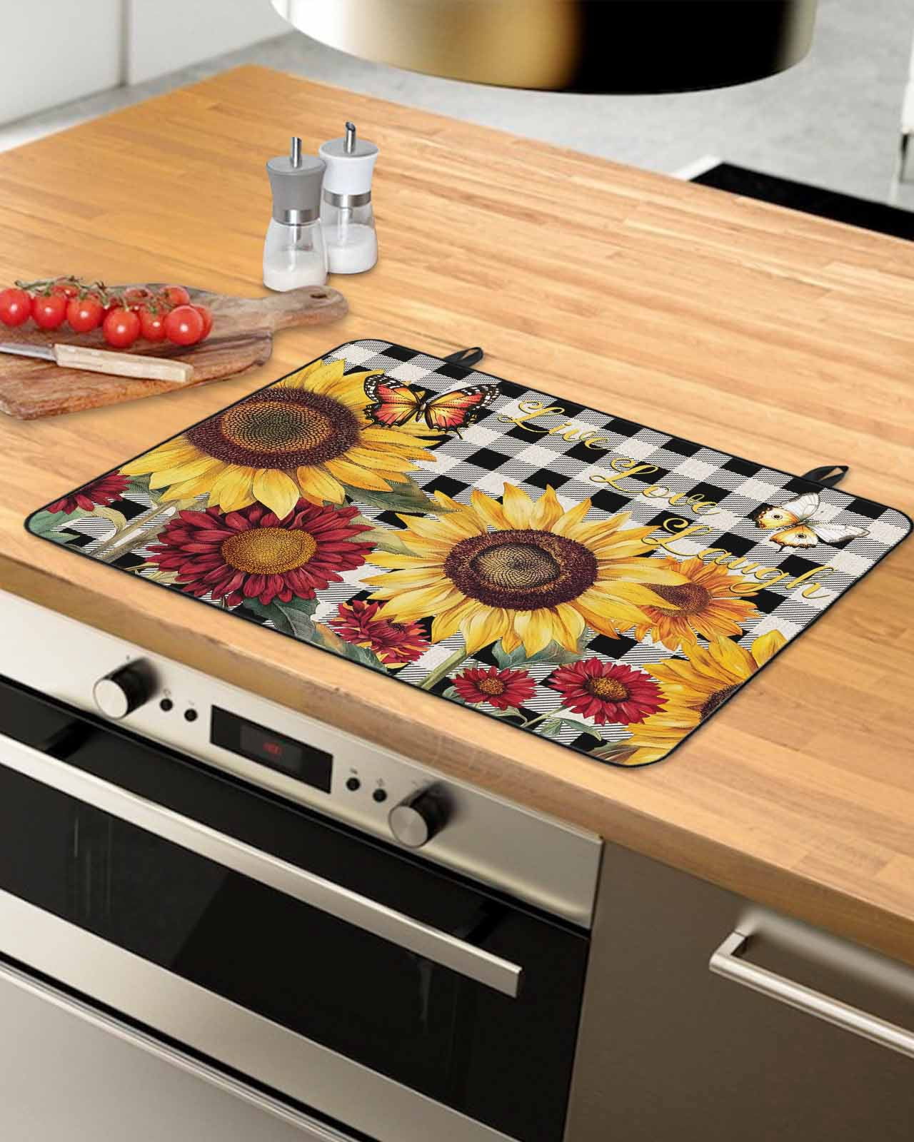 nqOlkjepod Large Induction Cooktop Protector Mat 24"x21", Sunflower Black Check Stove Top Covers for Electric Stove, Farmhouse Flowers Butterfly Stove Burner Cover Mats, Glass Top Stove Cover
