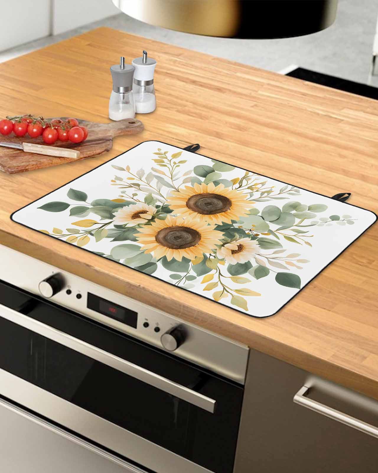nqOlkjepod Large Induction Cooktop Protector Mat 24"x21", Sunflower Eucalyptus Stove Top Covers for Electric Stove, Sage Green Botanical Watercolor Stove Burner Cover Mats, Glass Top Stove Cover