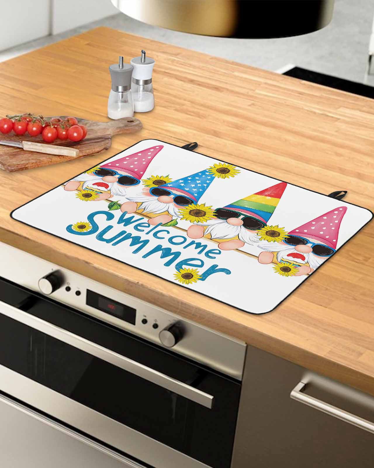 nqOlkjepod Large Induction Cooktop Protector Mat 24"x21", Sunflower Gnomes Stove Top Covers for Electric Stove, Summer Farmhouse Botanical Yellow Pink Stove Burner Cover Mats, Glass Top Stove Cover