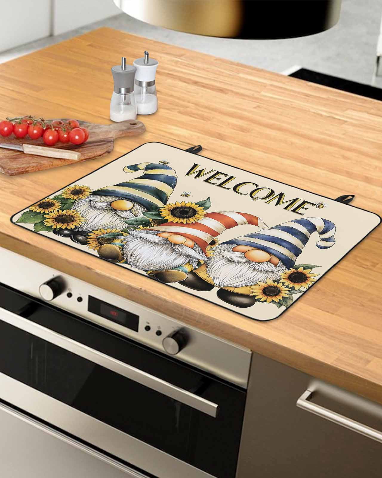 nqOlkjepod Large Induction Cooktop Protector Mat 24"x21", Sunflower Gnomes Stove Top Covers for Electric Stove, Yellow Summer Botanical Striped Bee Vintage Stove Burner Cover Mats Stove Cover