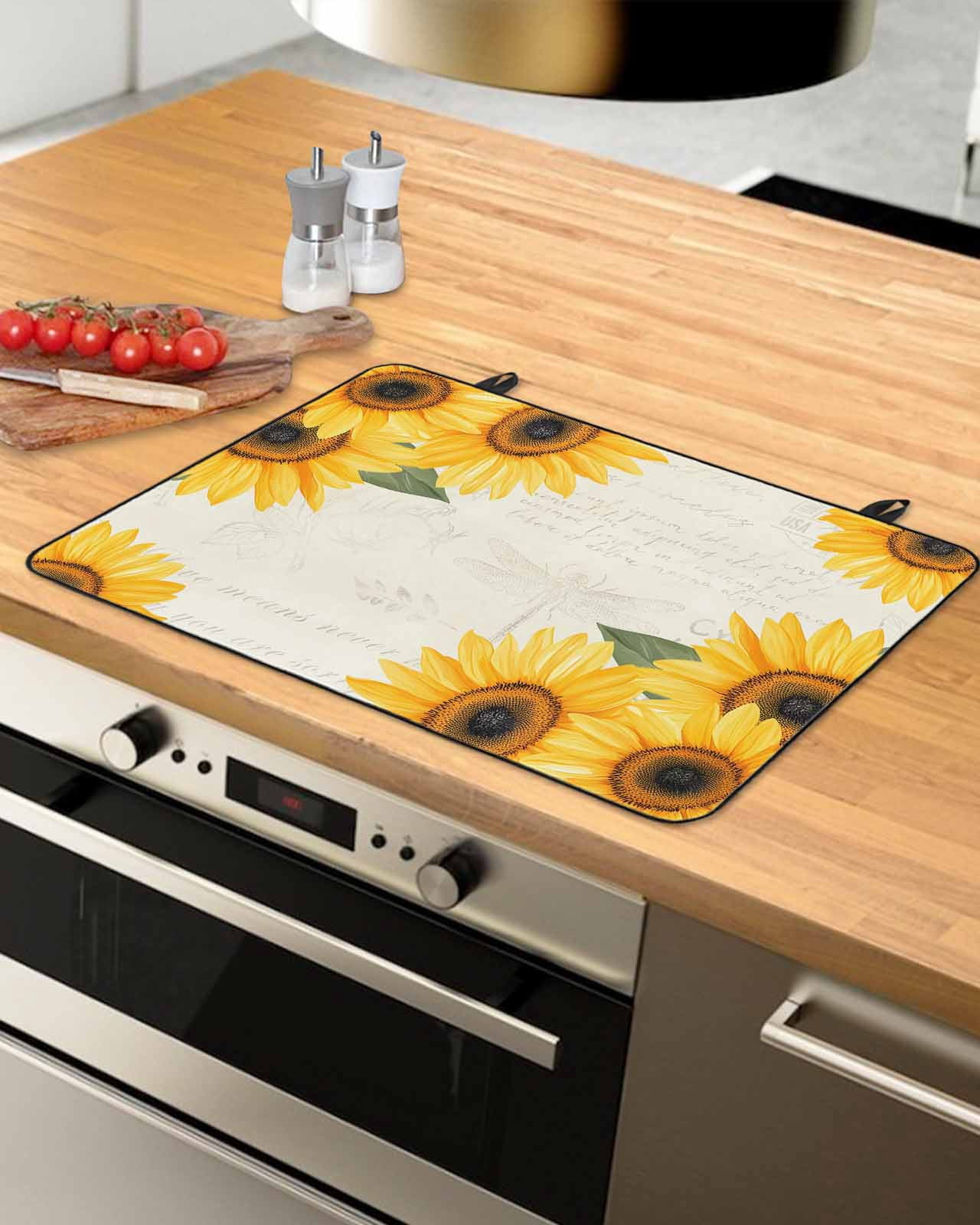 nqOlkjepod Large Induction Cooktop Protector Mat 24"x21", Sunflower Retro Stove Top Covers for Electric Stove, Spring Summer Retro Botanical Floral Stove Burner Cover Mats, Glass Top Stove Cover