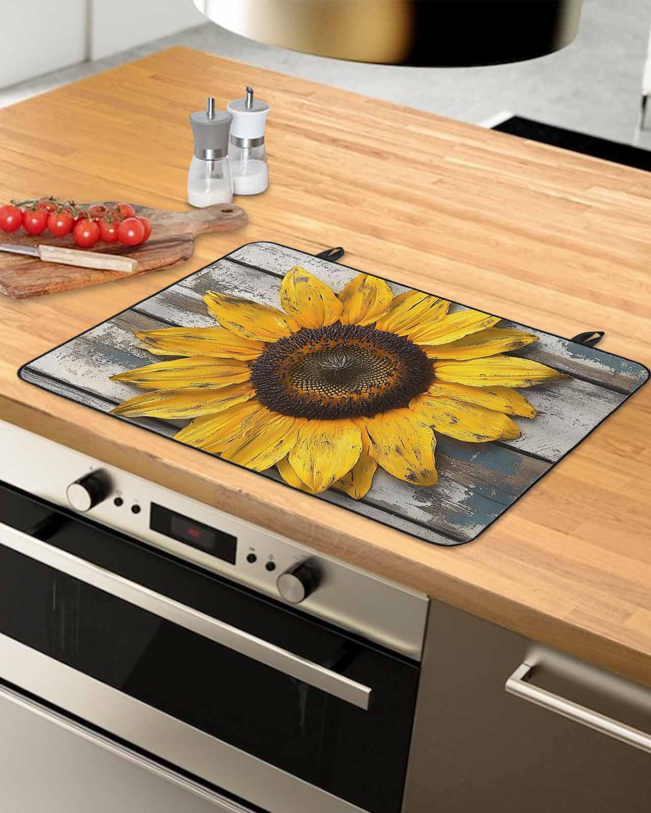 nqOlkjepod Large Induction Cooktop Protector Mat 24"x21", Sunflower Retro Stove Top Covers for Electric Stove, Summer Farmhouse Floral Wooden Stove Burner Cover Mats, Glass Top Stove Cover