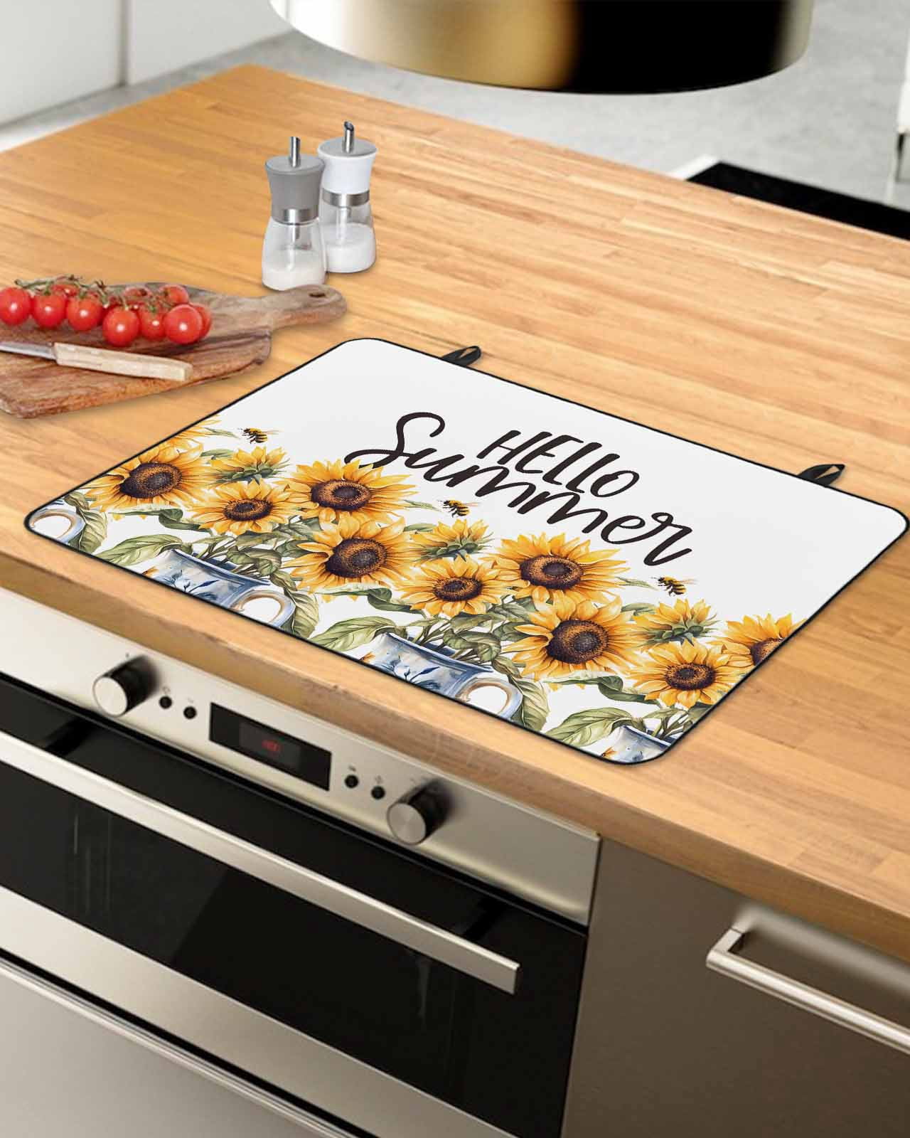 nqOlkjepod Large Induction Cooktop Protector Mat 24"x21", Sunflower Stove Top Covers for Electric Stove, Blue Bottle Floral Country Bee Watercolor Stove Burner Cover Mats, Glass Top Stove Cover