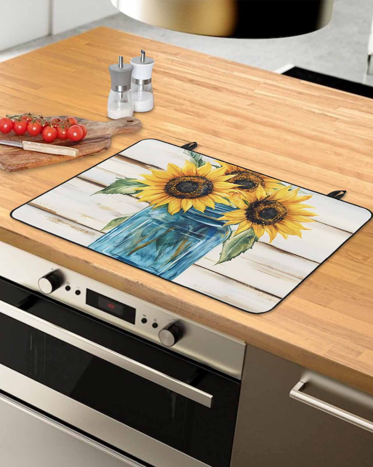 nqOlkjepod Large Induction Cooktop Protector Mat 24"x21", Sunflower Stove Top Covers for Electric Stove, Blue Bottle Yellow Floral Country Woodgrain Stove Burner Cover Mats, Glass Top Stove Cover