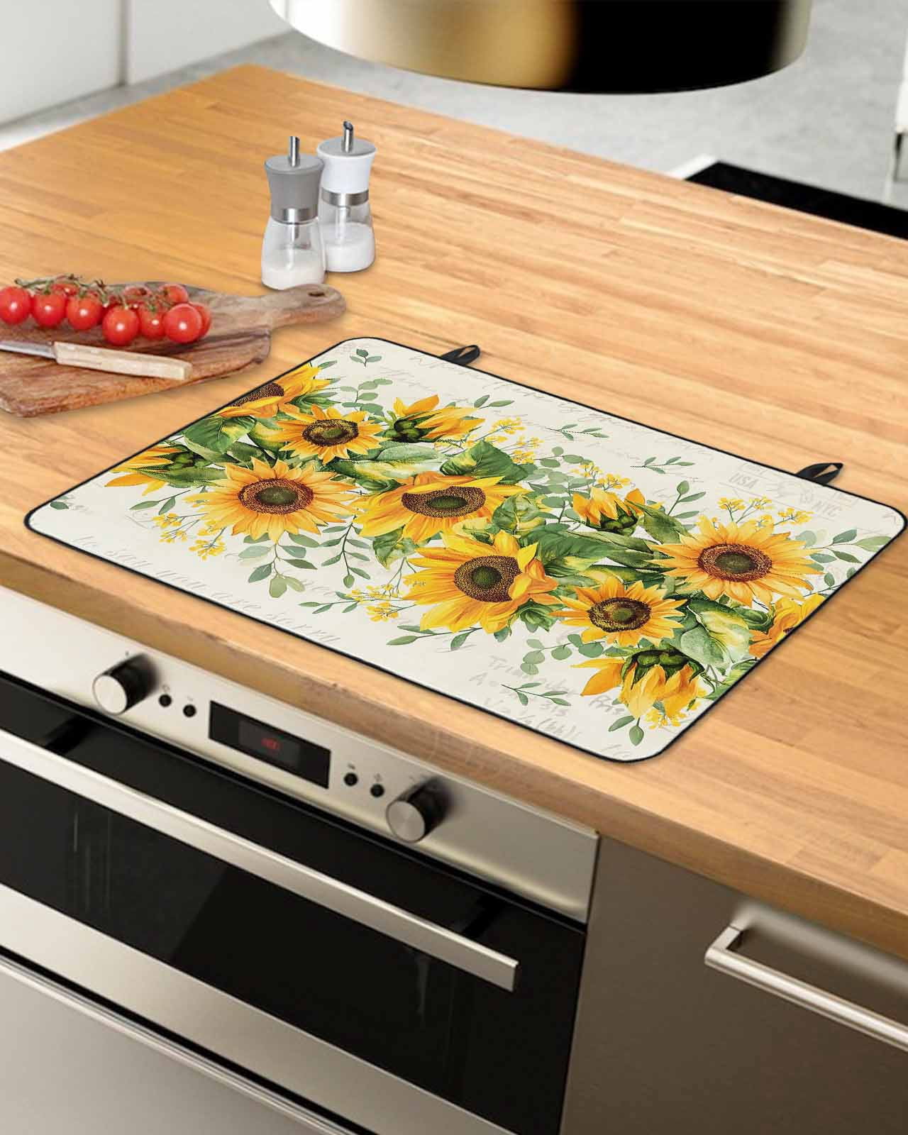 nqOlkjepod Large Induction Cooktop Protector Mat 24"x21", Sunflower Stove Top Covers for Electric Stove, Country Botanical Yellow Green Floral Leaf Stove Burner Cover Mats, Glass Top Stove Cover