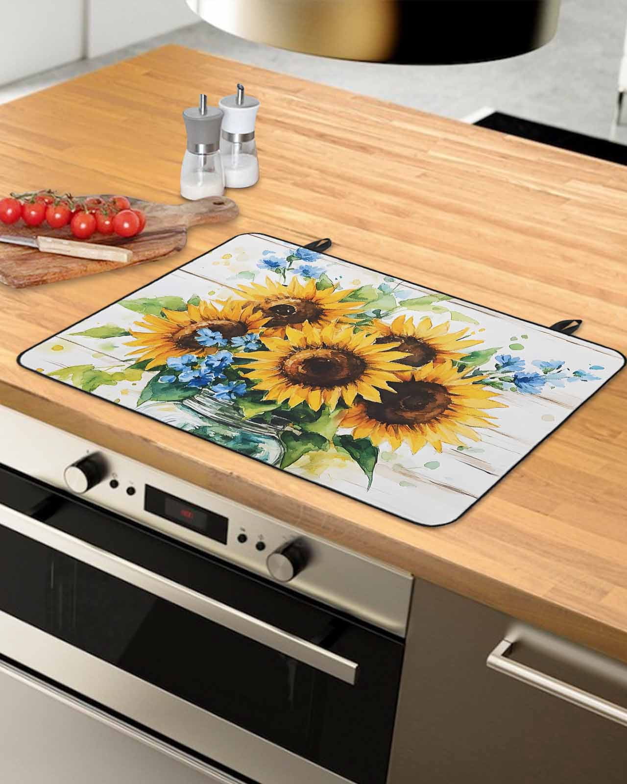 nqOlkjepod Large Induction Cooktop Protector Mat 24"x21", Sunflower Stove Top Covers for Electric Stove, Retro Country Garden Floral Blue Wildflower Stove Burner Cover Mats, Glass Top Stove Cover