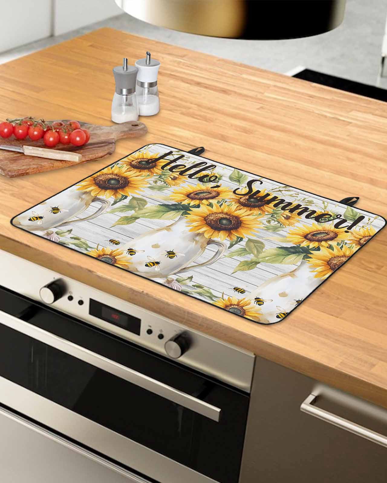 nqOlkjepod Large Induction Cooktop Protector Mat 24"x21", Sunflower Stove Top Covers for Electric Stove, Summer Bee Wildflower Vintage Grey Wood Grain Stove Burner Cover Mats, Glass Top Stove Cover