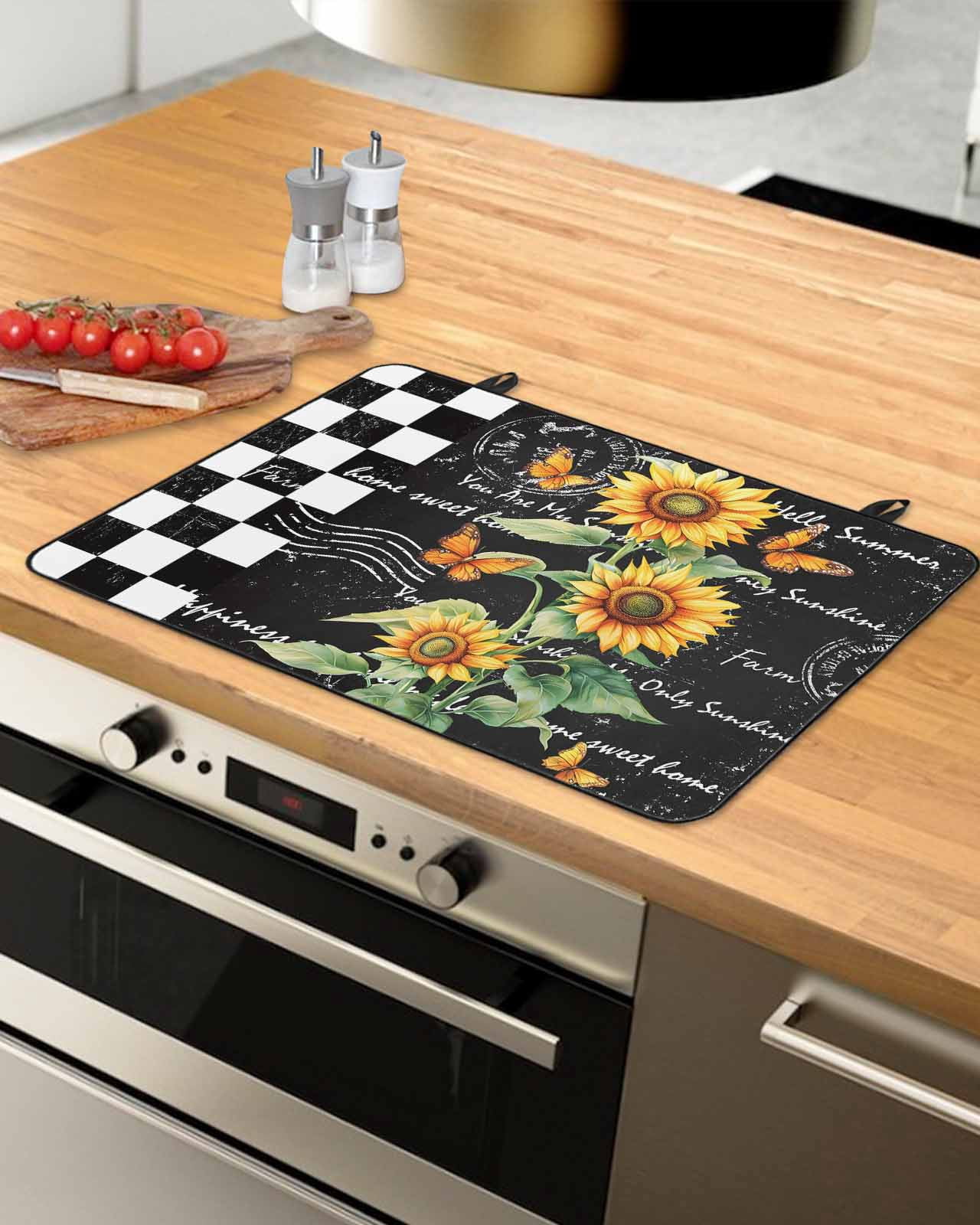 nqOlkjepod Large Induction Cooktop Protector Mat 24"x21", Sunflower Stove Top Covers for Electric Stove, Summer Botanical Bee Black Plaid Decorative Stove Burner Cover Mats, Glass Top Stove Cover