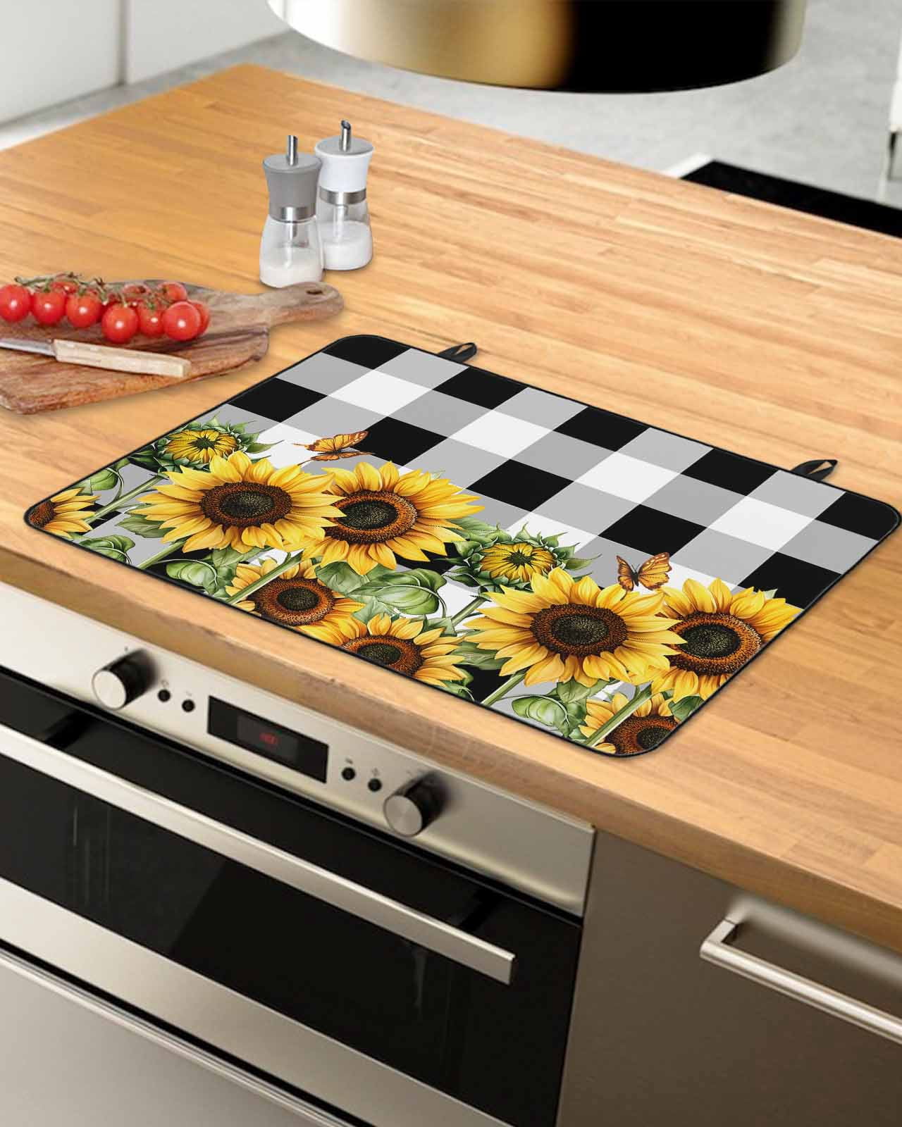 nqOlkjepod Large Induction Cooktop Protector Mat 24"x21", Sunflower Stove Top Covers for Electric Stove, Summer Botanical Floral Blooming Black Plaid Stove Burner Cover Mats, Glass Top Stove Cover