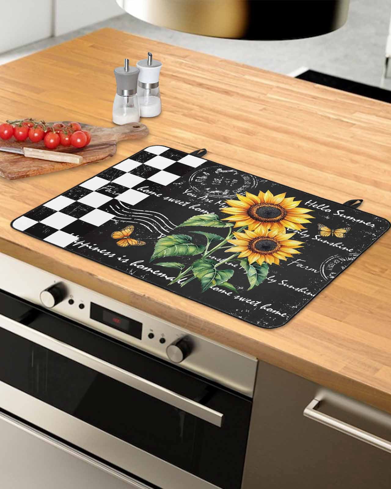 nqOlkjepod Large Induction Cooktop Protector Mat 24"x21", Sunflower Stove Top Covers for Electric Stove, Summer Botanical Floral Vintage Black Plaid Stove Burner Cover Mats, Glass Top Stove Cover