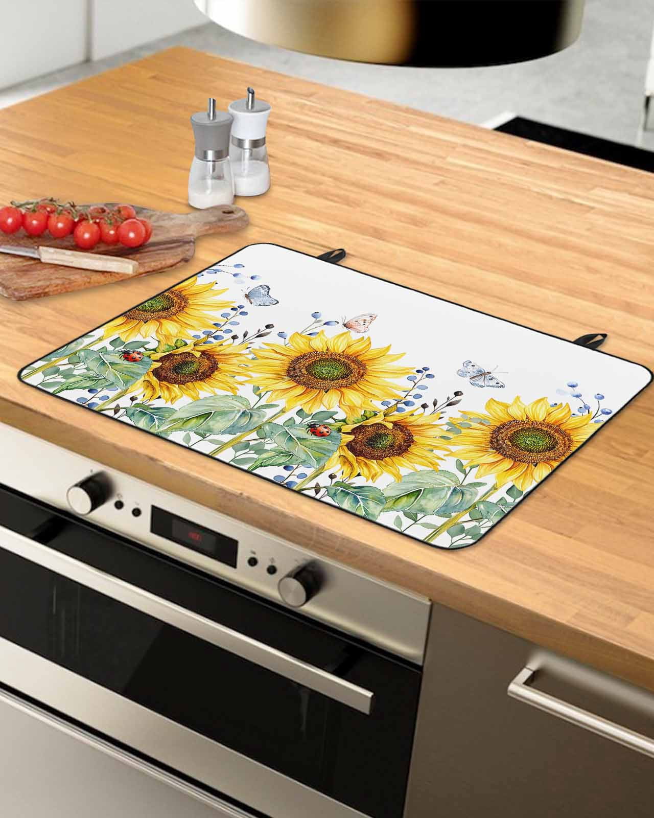 nqOlkjepod Large Induction Cooktop Protector Mat 24"x21", Sunflower Stove Top Covers for Electric Stove, Yellow Floral Summer Botanical Decorative Stove Burner Cover Mats, Glass Top Stove Cover