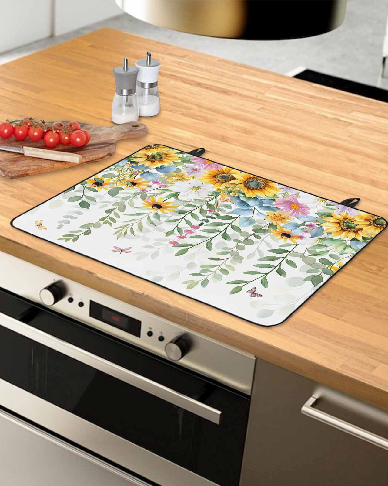 nqOlkjepod Large Induction Cooktop Protector Mat 24"x21", Sunflower Stove Top Covers for Electric Stove, Yellow Green Summer Botanical Watercolor Stove Burner Cover Mats, Glass Top Stove Cover