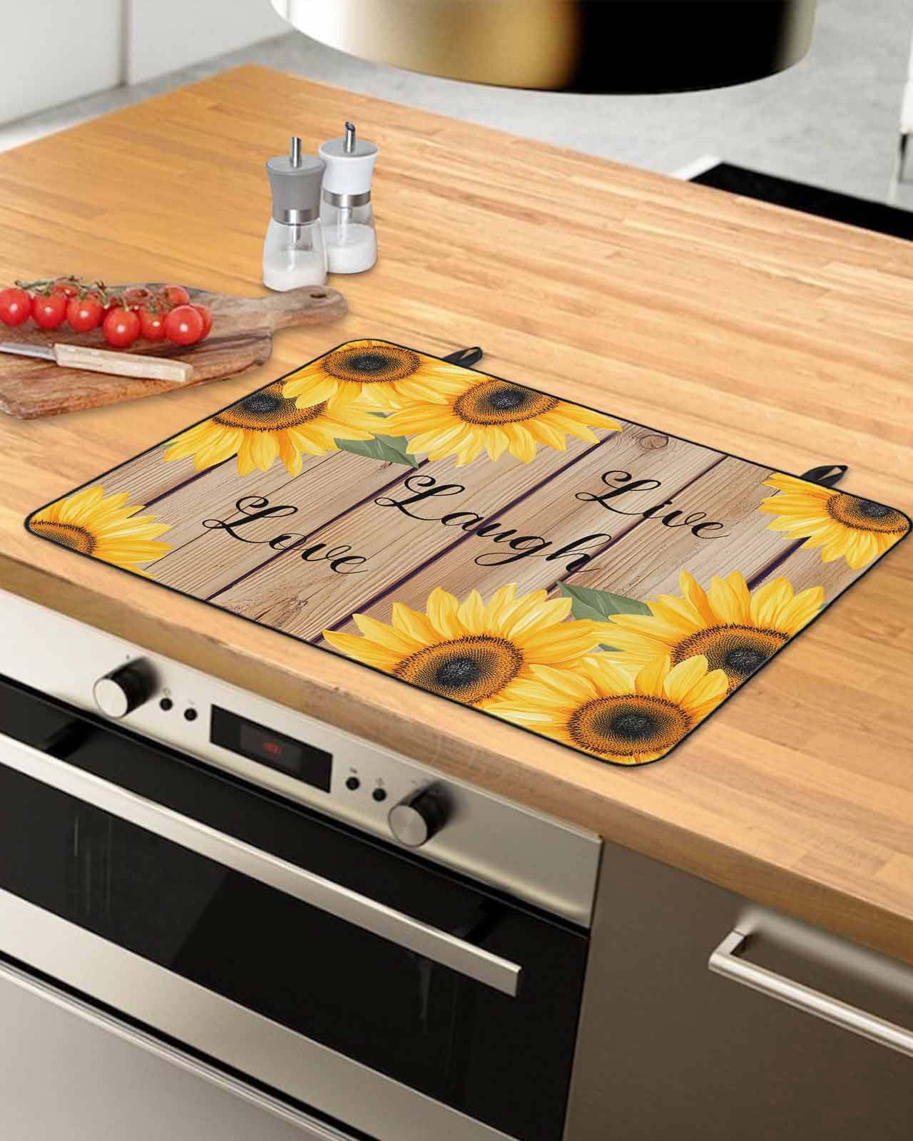 nqOlkjepod Large Induction Cooktop Protector Mat 24"x21", Sunflower Stove Top Covers for Electric Stove, Yellow Summer Botanical Wooden Pastoral Stove Burner Cover Mats, Glass Top Stove Cover