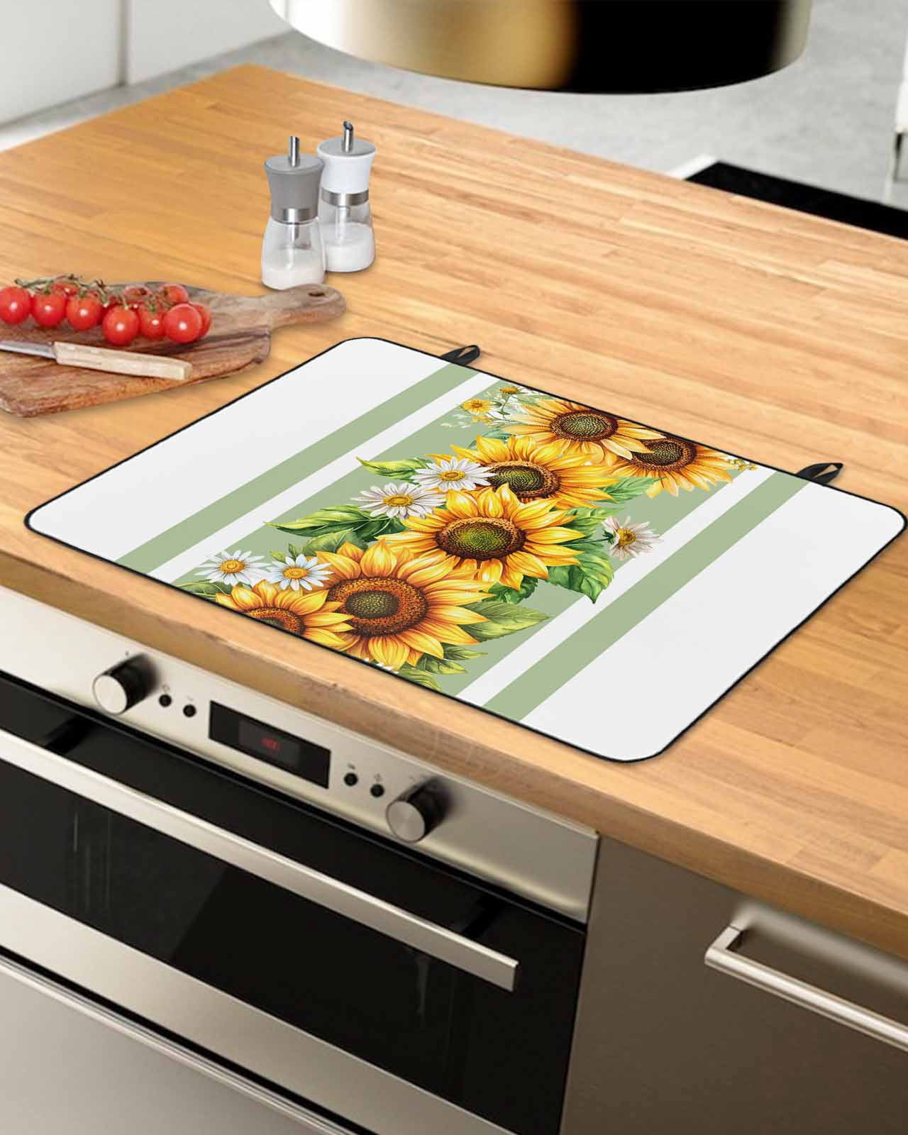 nqOlkjepod Large Induction Cooktop Protector Mat 24"x21", Sunflower Stove Top Covers for Electric Stove, Yellow Summer Flower Sage Green Stripe Stove Burner Cover Mats, Glass Top Stove Cover