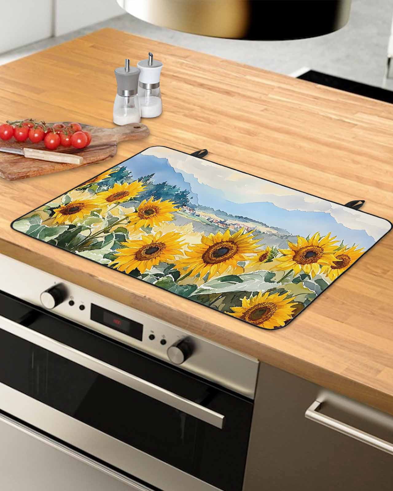 nqOlkjepod Large Induction Cooktop Protector Mat 24"x21", Sunflower Summer Stove Top Covers for Electric Stove, Farmhouse Field Vintage Flowers Stove Burner Cover Mats, Glass Top Stove Cover