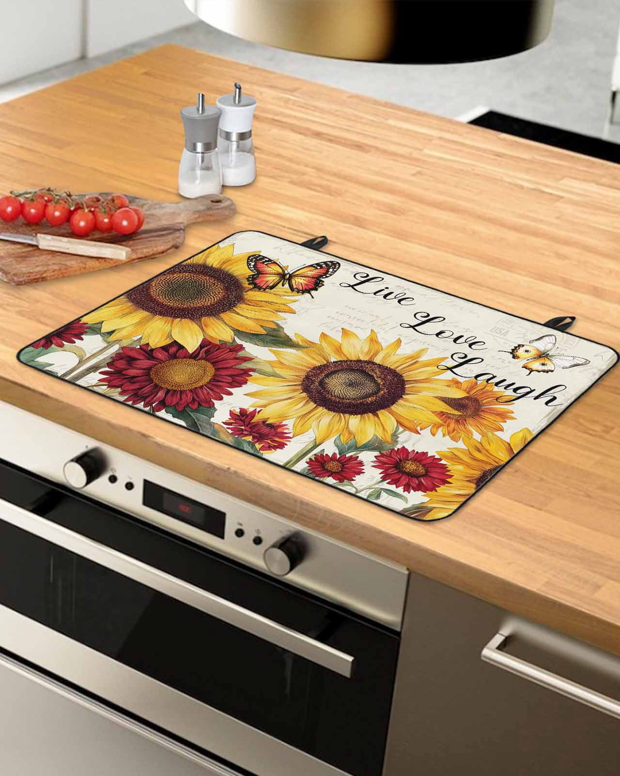 nqOlkjepod Large Induction Cooktop Protector Mat 24"x21", Sunflower Vintage Stove Top Covers for Electric Stove, Farmhouse Flowers Butterfly Botanical Stove Burner Cover Mats, Glass Top Stove Cover