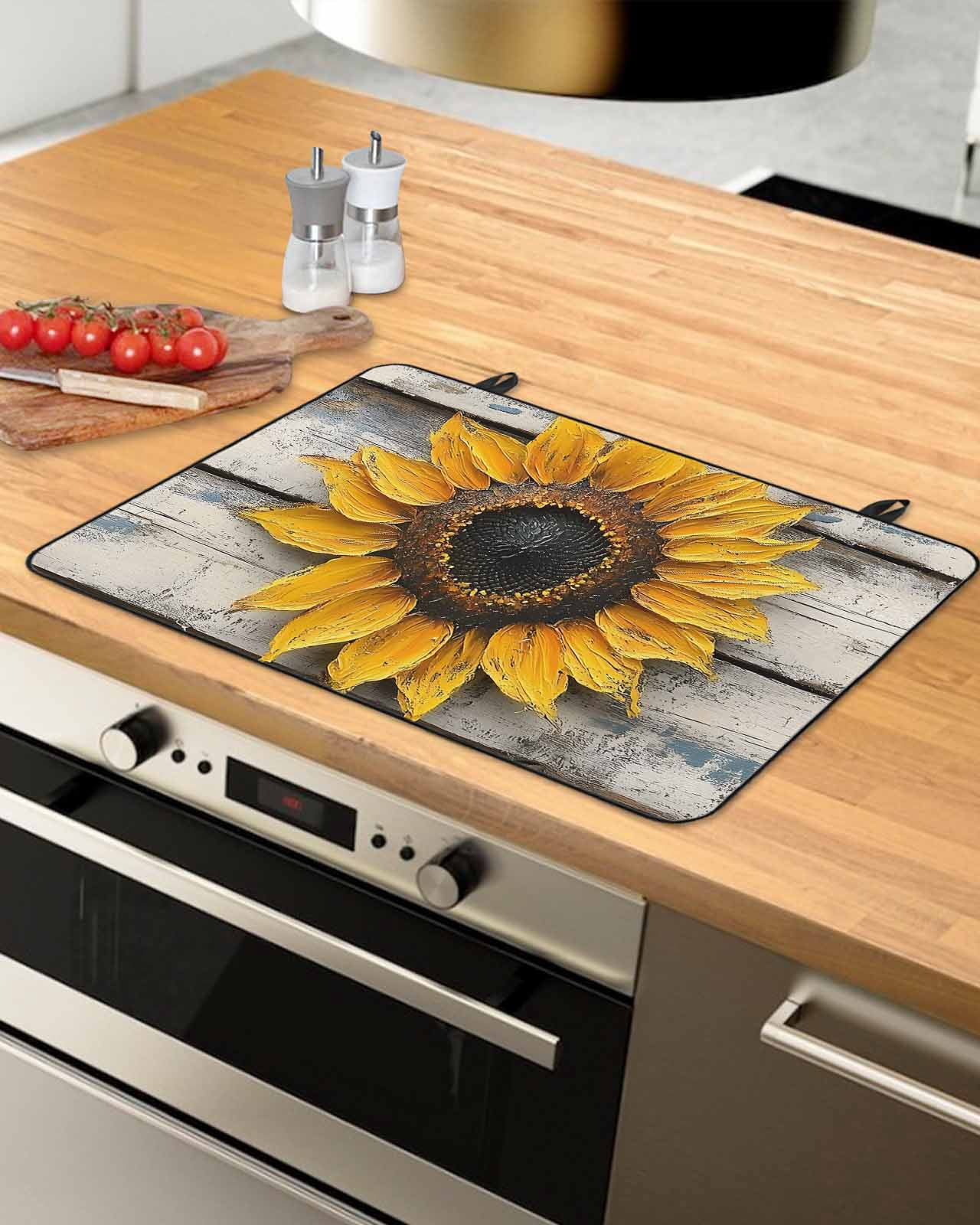 nqOlkjepod Large Induction Cooktop Protector Mat 24"x21", Sunflowers Stove Top Covers for Electric Stove, Retro Farmhouse Floral Leaves Wooden Grain Stove Burner Cover Mats, Glass Top Stove Cover